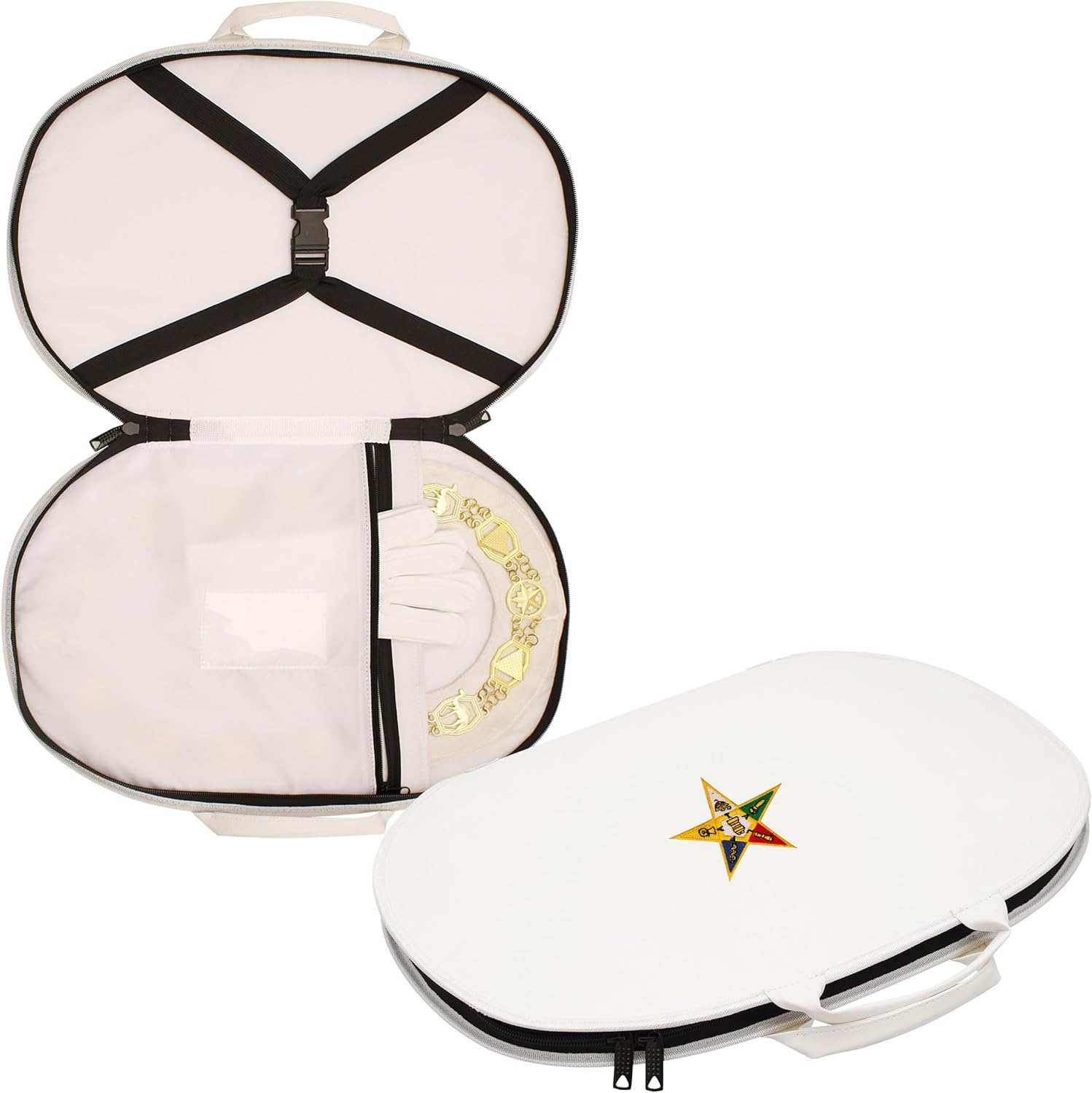 Premium Masonic OES Chain Collar Case – White Imitation Leather (Machine Embroidered) | Freemason Carrying Bag | Dual Collar Storage with Zippers, Handle & Soft Lining – Improved Design