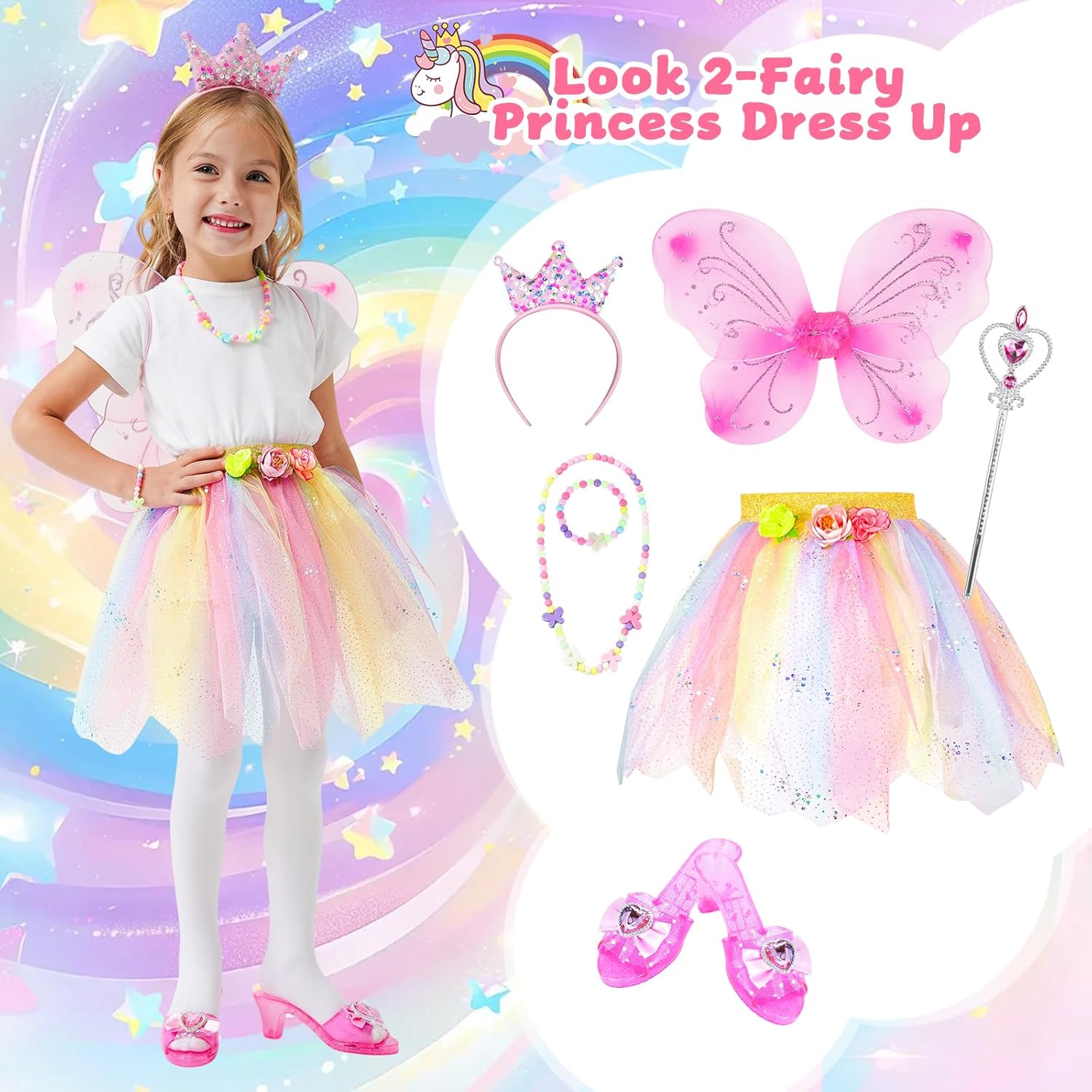 Princess Dress Up Unicorn & Fairy Costume for Girls, Toddler Tutu Set with Wings, Shoes, Jewelry, Headband, Pretend Play Fairy Toys for Girls Ages 3 4 5 Christmas Birthday Gift Rainbow - Image 3