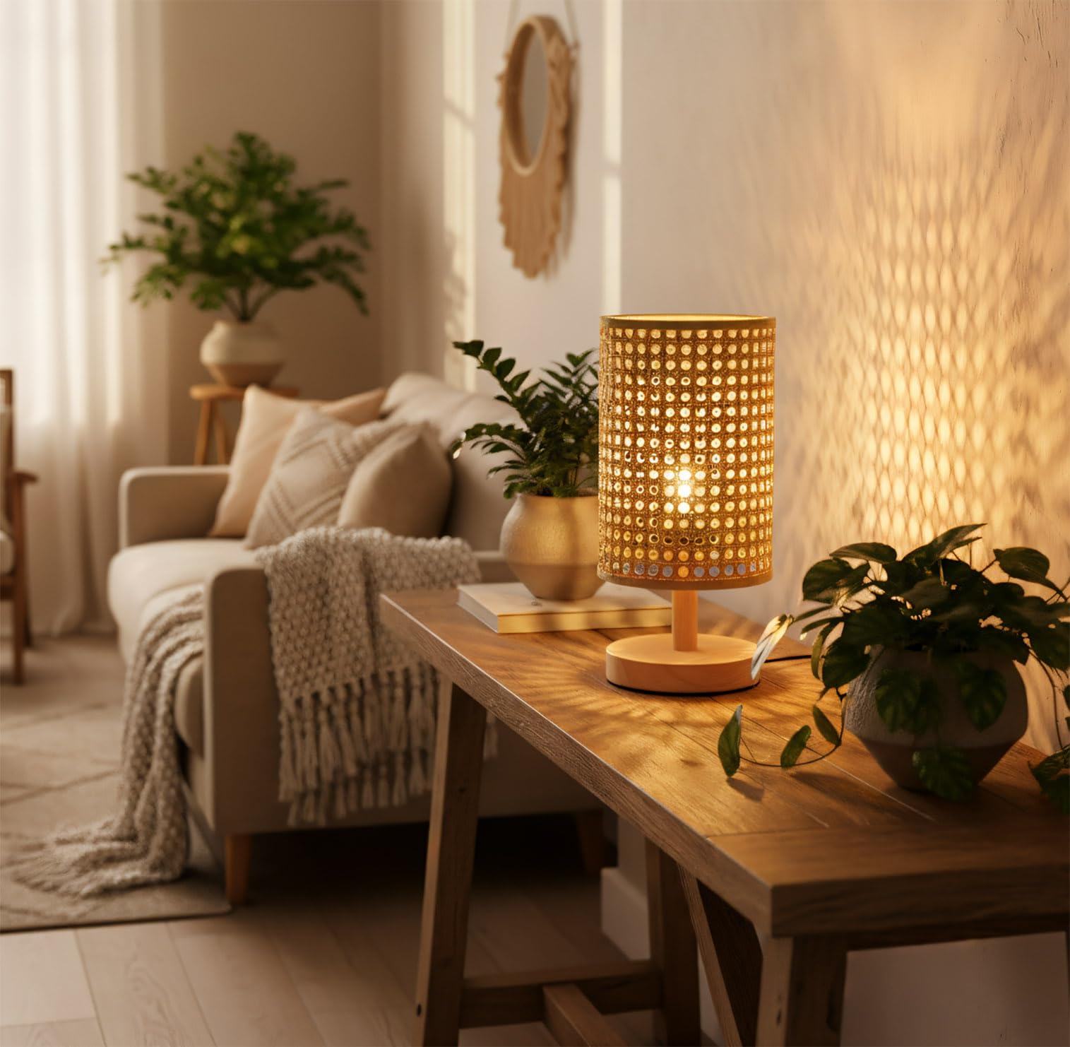 AFORTLO Table Desk Lamp,Small Rattan Hollow-Out Wicker Bamboo Boho Decorative Nightstand Night Light Solid Wood Base Lamp for Bedroom,Living Room,End Table or Office with Bulb(Rattan Hollow-Out) Product Image 4