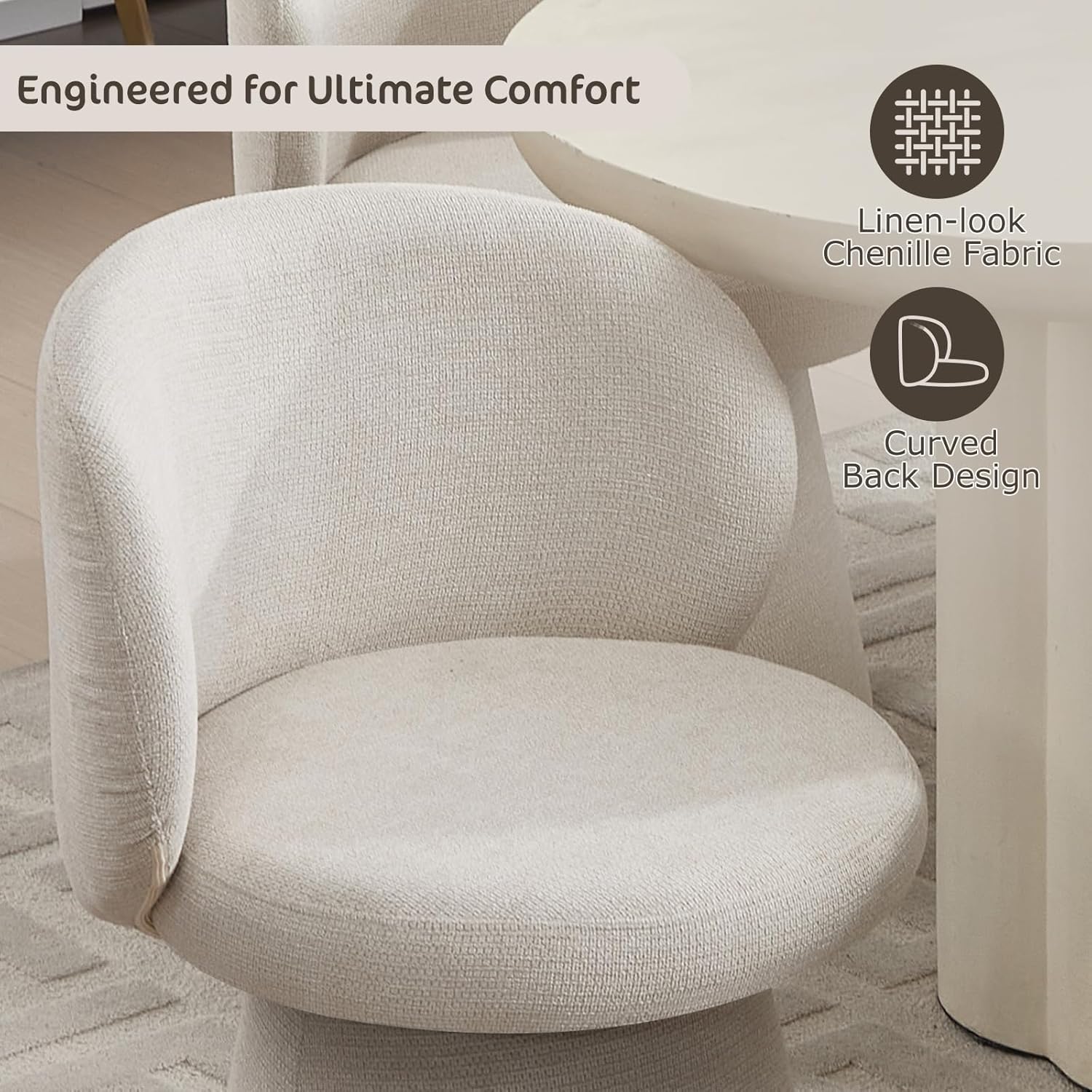 Swivel Dining Chair Set of 1, Modern Chenille Upholstered Boucle Swivel Barrel Chair, Comfy Fabric Accent Side Chairs for Kitchen Dining Living Vanity Room Bedroom, Beige
