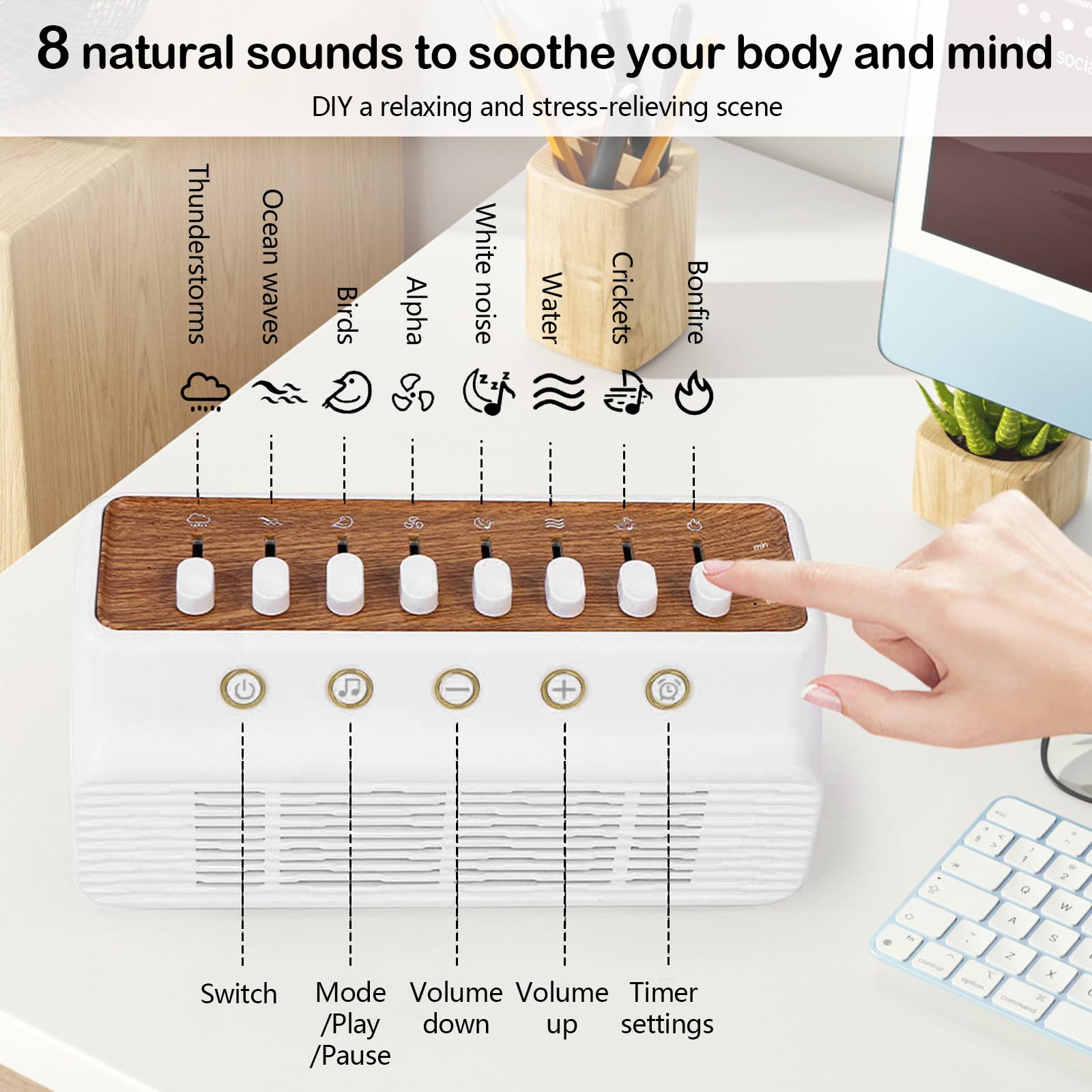 Machine à Bruit Blanc, Boîte à Sons pour Dormir USB Assure une Bonne Qualité du Sommeil pour Adultes avec Sons Apaisants et Minuteur avec Mémoire avec 8 Sons de la Nature