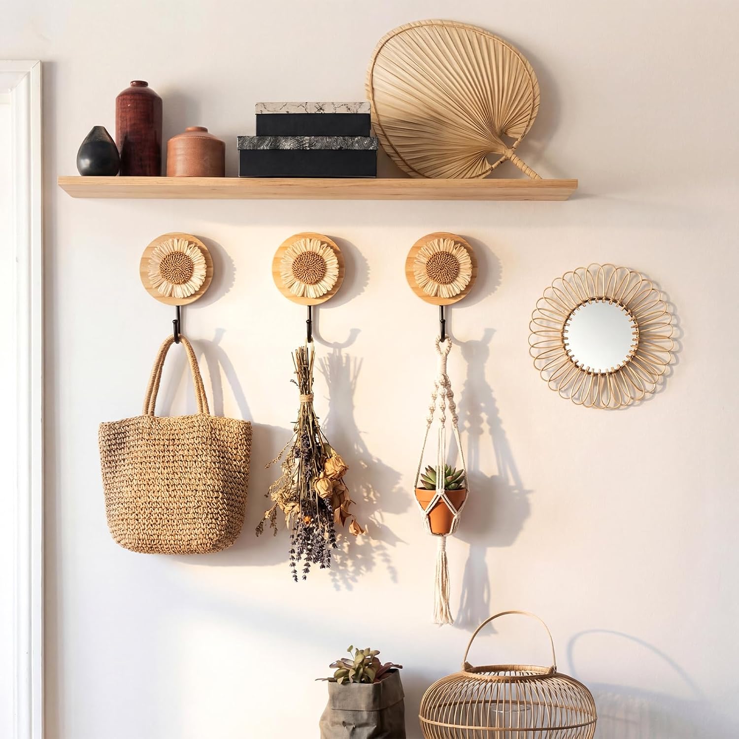 Peryiter 3 Pcs Sunflower Wall Hooks Boho Wooden Towel Hanger, Classic