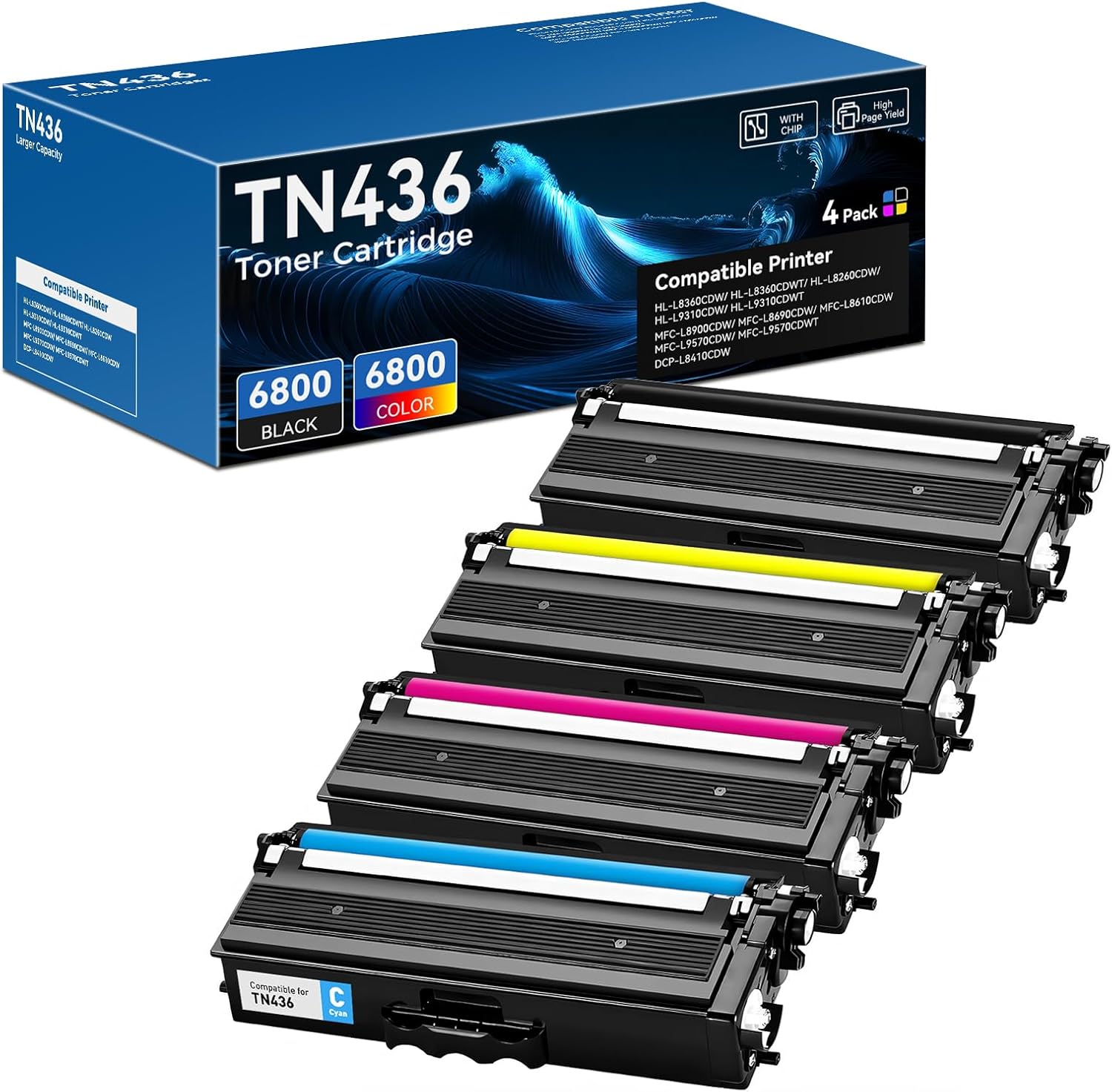 TN433 TN 433 Toner with Chip Compatible for Brother TN433 TN436 TN431 Work for Brother MFC-L8900CDW HL-L8360CDW HL-L8260CDW MFC-L8610CDW MFC-L8905CDW Printer, Black Cyan Magenta Yellow 4-Color