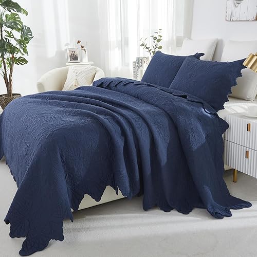 Miniatura 4 de Brandream Juego de edredón tamaño Queen de algodón de lujo, juego de ropa de cama de estilo rústico azul marino, colcha de matelasse acolchado,