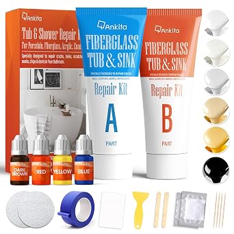 Fiberglass Tub Repair Kit Color Match, Fiberglass Shower and Acrylic Bathtub Repair Kit for Chips, Cracks, Holes on Porcelain Sink, Enamel Tubs, Ceramic Tile, Almond Bath Tub & Shower Repair Kit