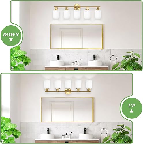 Miniatura 4 de Luces de tocador de 5 luces, lámpara de baño de oro cepillado con pantalla de vidrio blanco lechoso texturizado a rayas, accesorio de iluminación
