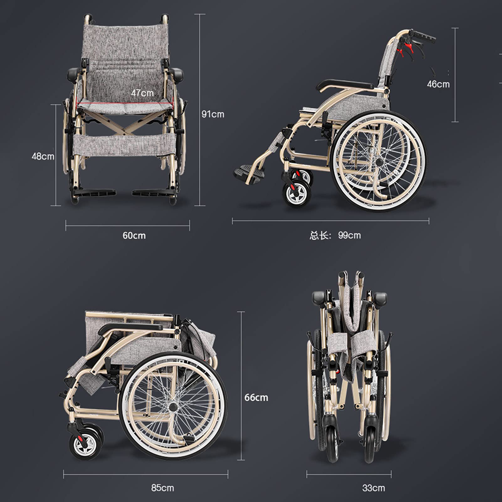 Silla de Ruedas Manual Ligera Portátil Propulsada Transit Travel Frenos de Mano Ruedas Antipinchazos/Color1