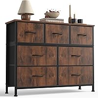 Sweetcrispy 7-Drawer Fabric Dresser, Rustic Brown Storage Tower with Steel Frame, Wood Top for Bedroom, Closet, Entryway Organizer