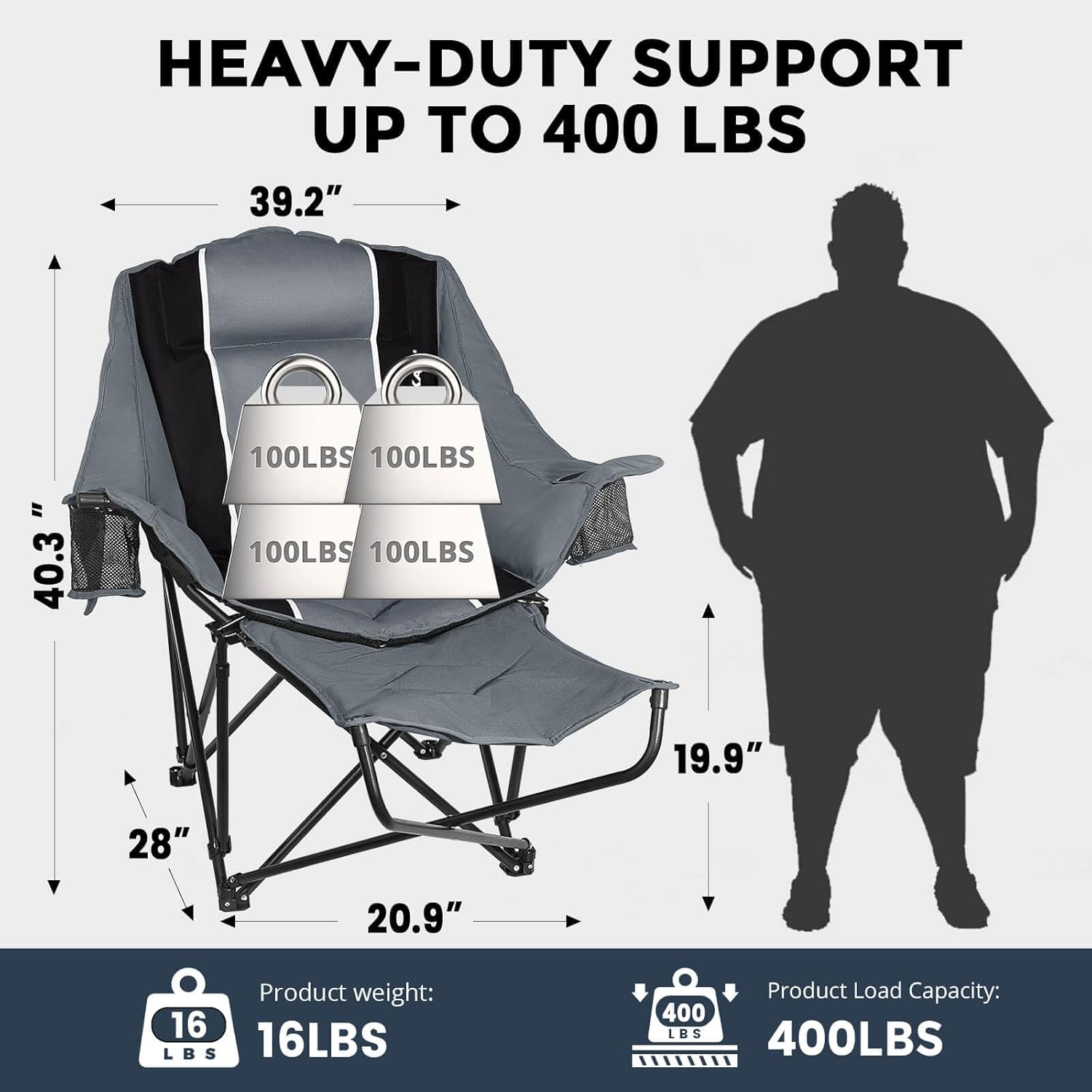 USKAU Camping Chair with Removable Footrest, Oversized Outdoor Chair with Headrest & Cup Holders, 400lb Capacity Lawn Chair for Sports Backyard Fishing Grey