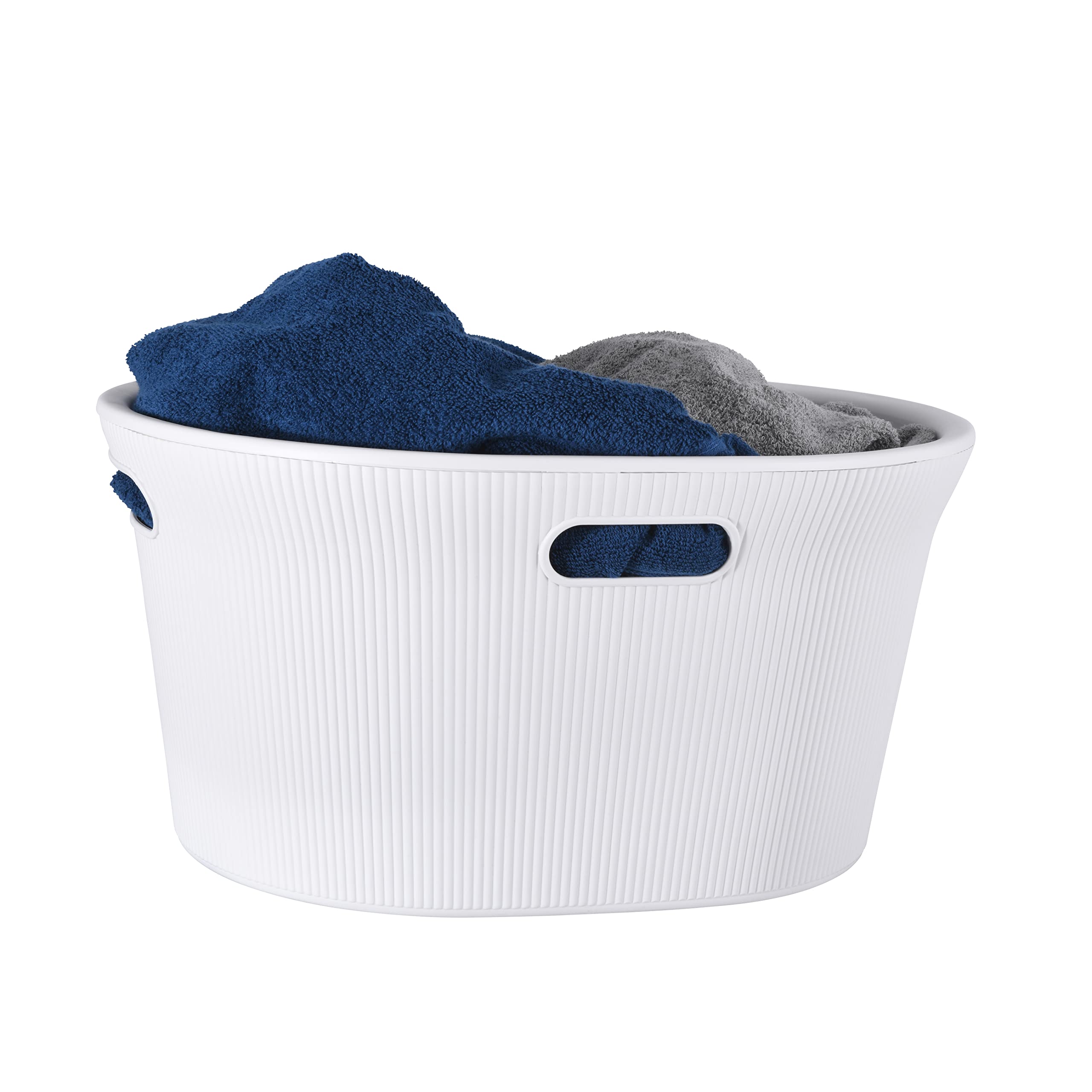 Superio Ribbed Collection - Decorative Plastic Laundry Basket with Cut-Out Handles, White Smoke (1 Pack) Hamper Organzier for Bedroom Bathroom College Dorm Room 35 Liter