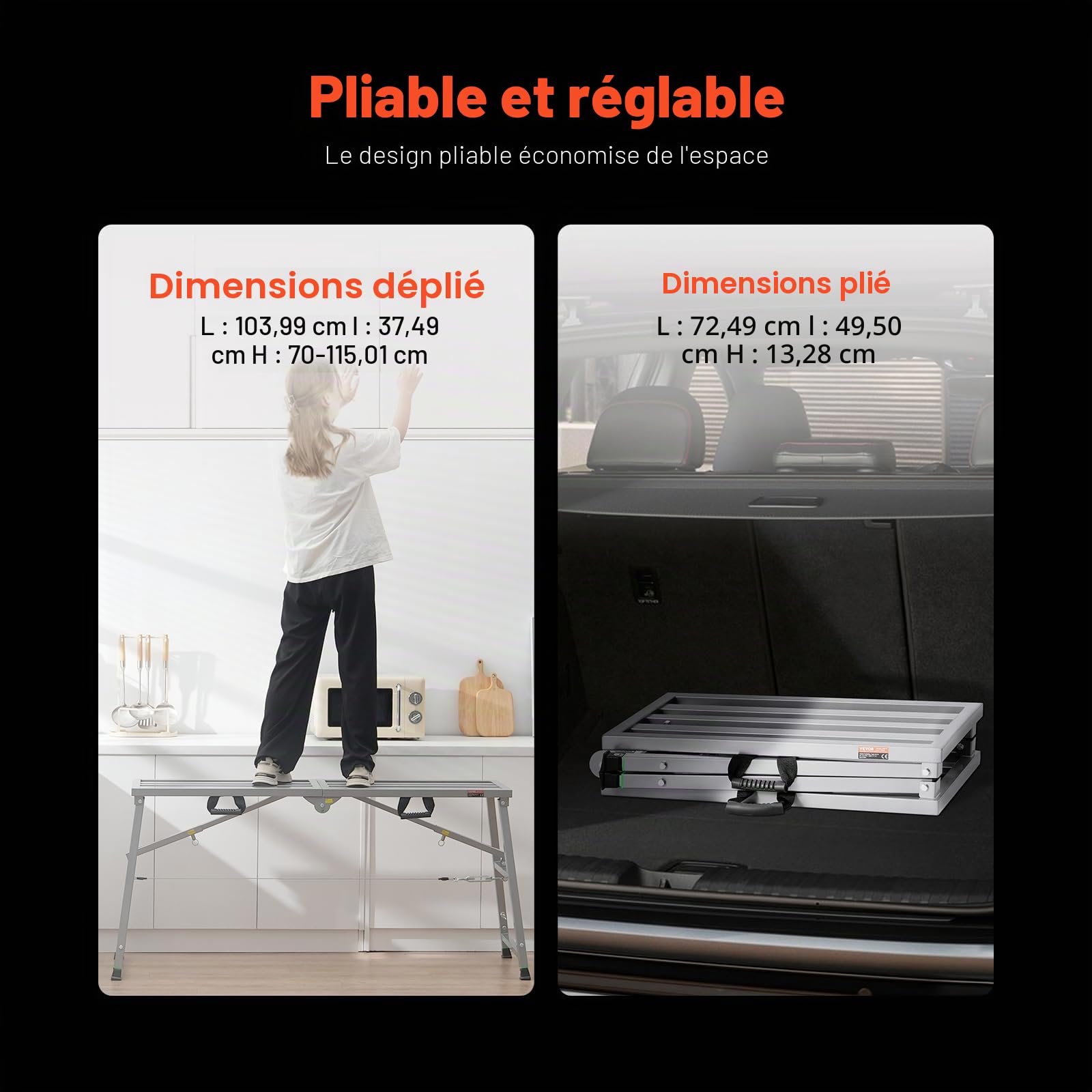 VEVOR Plateforme de Travail Échafaudage Pliant Portable 700/850/1000/1150 mm Acier Allié, Capacité de Charge 360 kg, Pieds Antidérapants, Tabouret de Peinture pour Cloisons Sèches, Nettoyage, Lavage