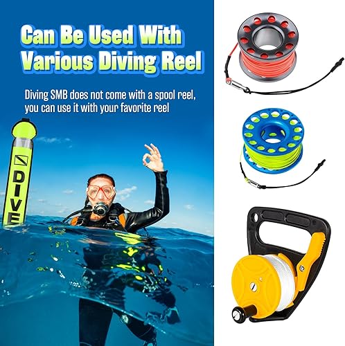 Miniatura 9 de High Visible Diving Surface Marker Buoy (SMB), Inflatable Scuba Signal Tube with Reflective Strip & Dive Flag, Freediving Safety Sausage Marker Buoy