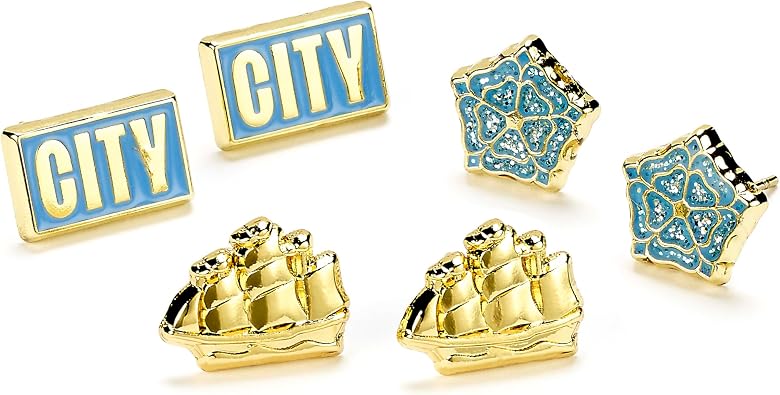 Manchester City Football Club Set of Three Stud Earrings, One Size, Zinc, No Gemstone