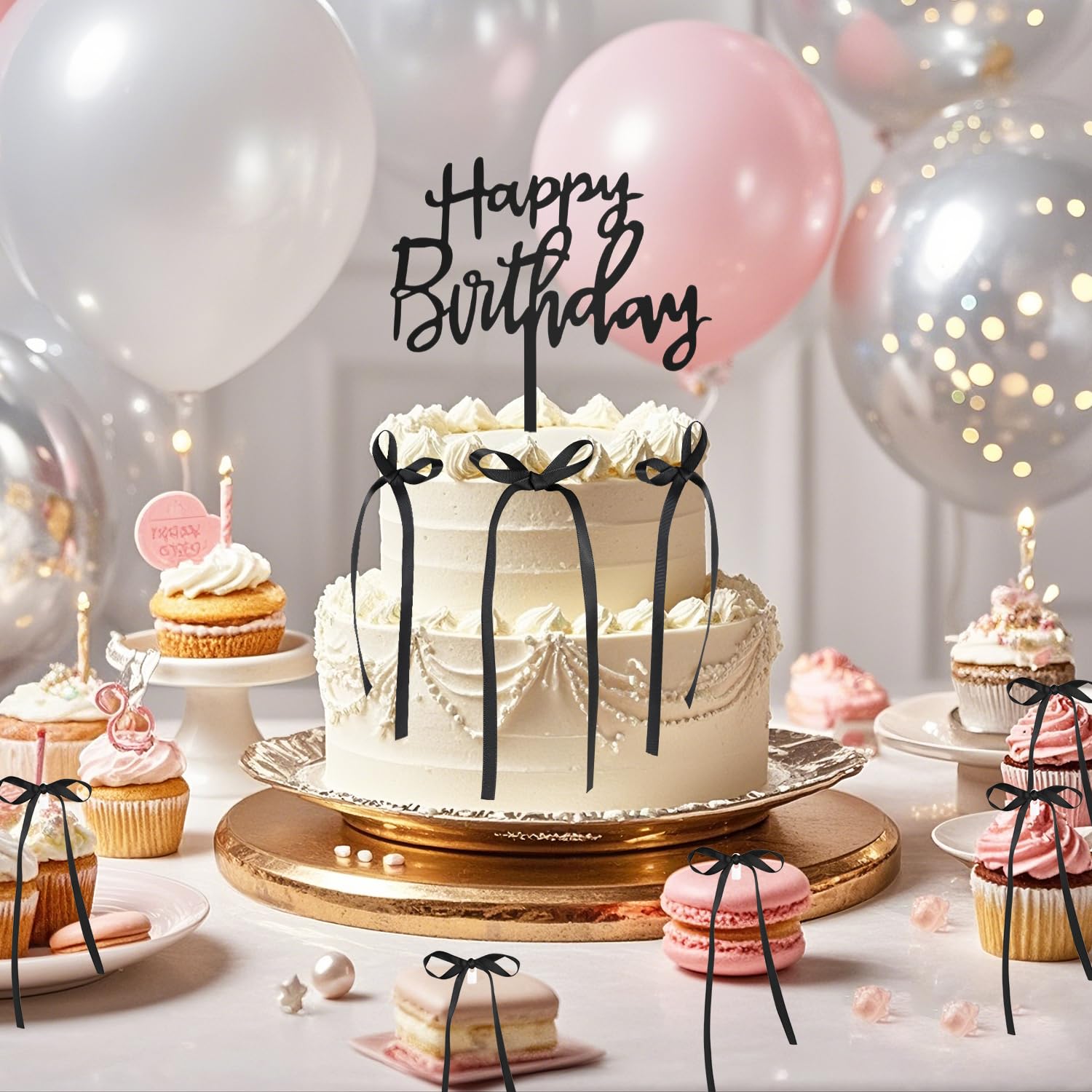 Muomdid 20 Pack Black Bows for Cake with Happy Birthday Sign Bow Cake Topper Black Bowknot Ribbons Cake Topper Bow Knot Cake Decor Dessert for