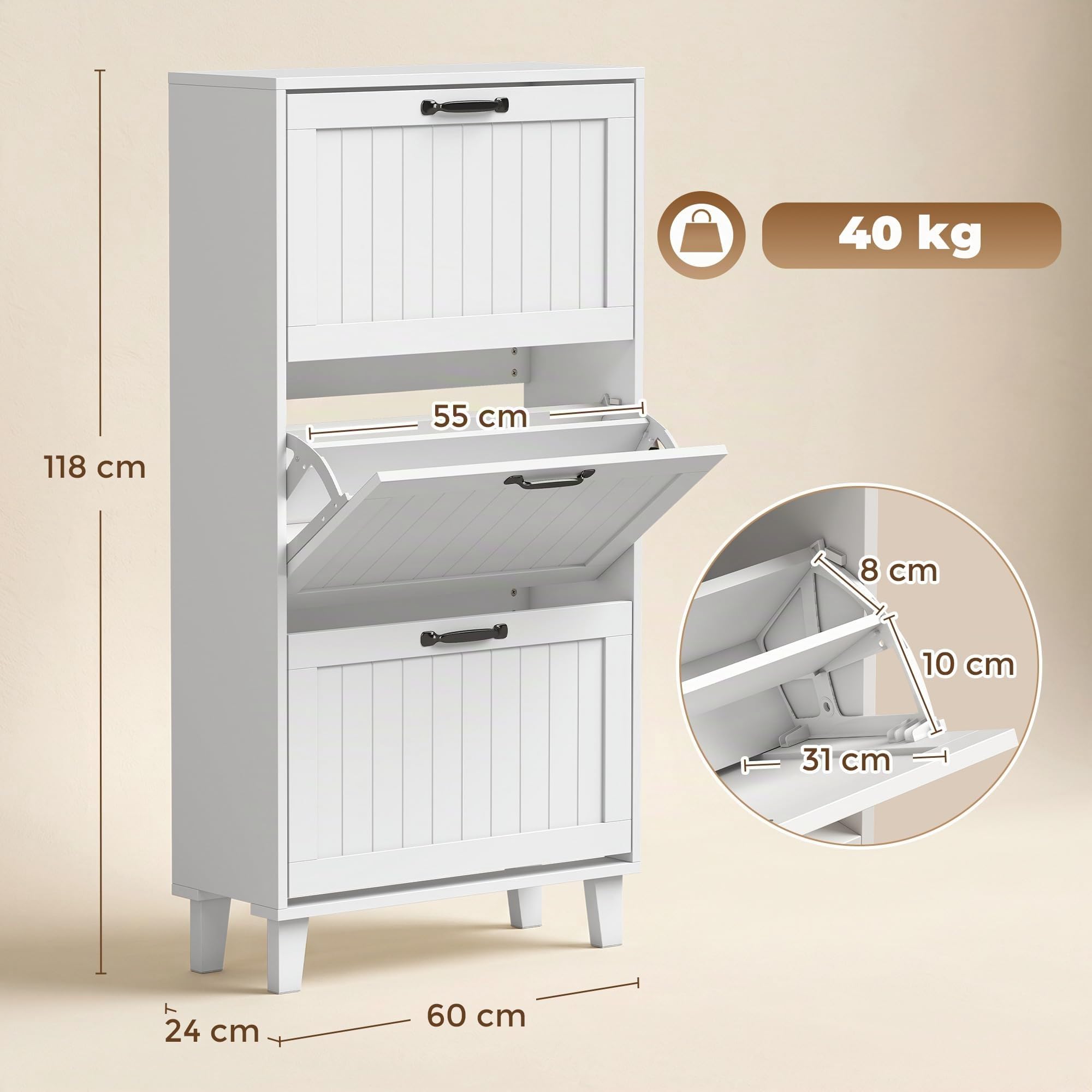 HOMCOM Scarpiera Salvaspazio Slim con 3 Ante a Ribalta 60x24x118cm Bianco | Scarpiera Ingresso, Ripiani Regolabili, Gambe in Bambù, Maniglia, Porta Scarpe per 15-18 Paia, per Ingresso Corridoio