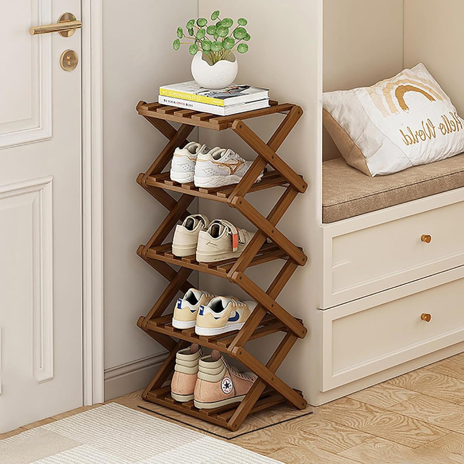 Étagère à chaussures pliable en bambou 3 niveaux meuble de rangement compact