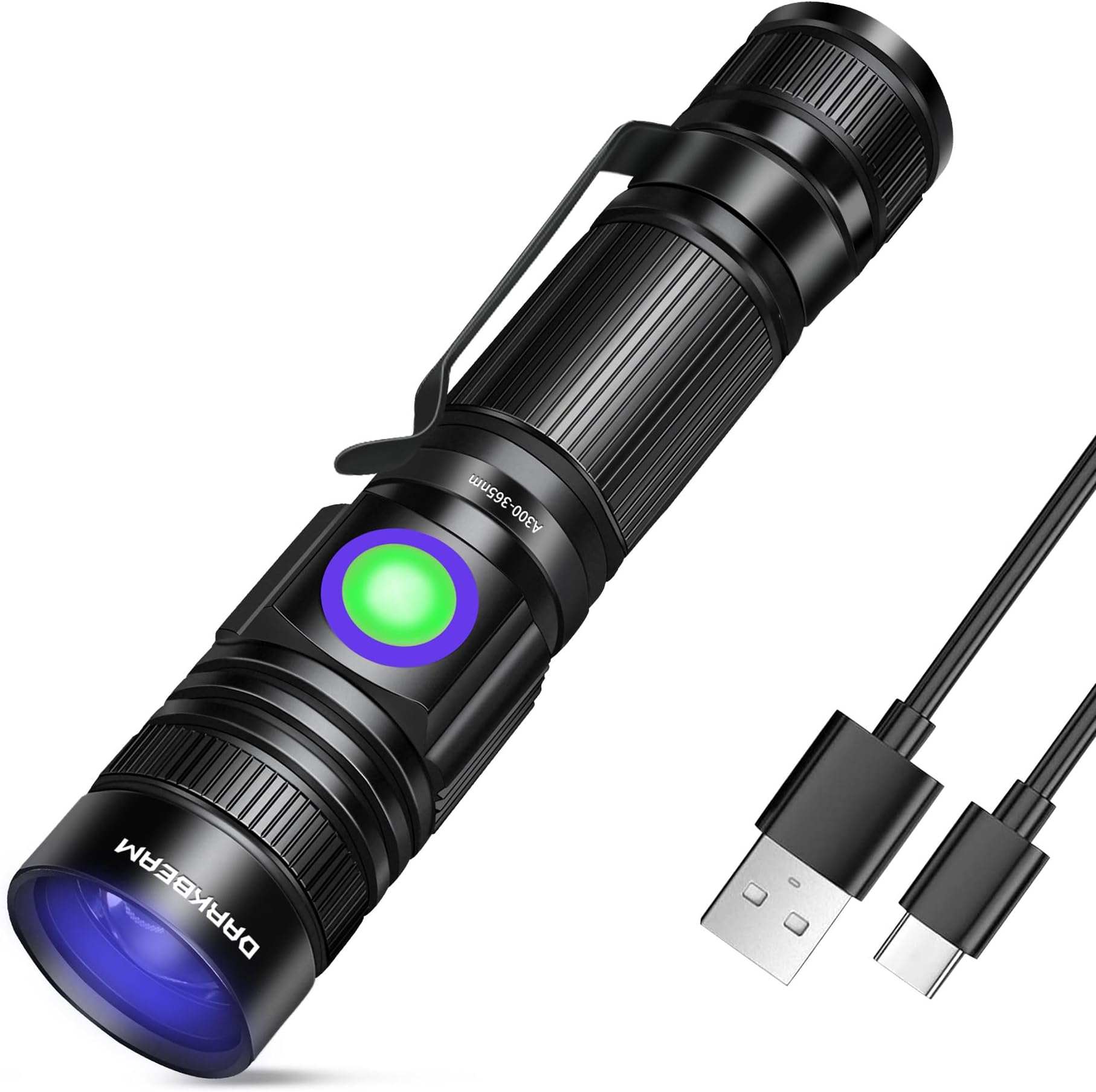 DARKBEAM UV Blacklight 365 Flashlight Rechargeable USB Woods lamp, Handheld LED Ultraviolet Black Light 370nm Portable Pocket with Clip, Detector for Pet Urine, Stains, Gem, Rocks, Money, Resin Curing