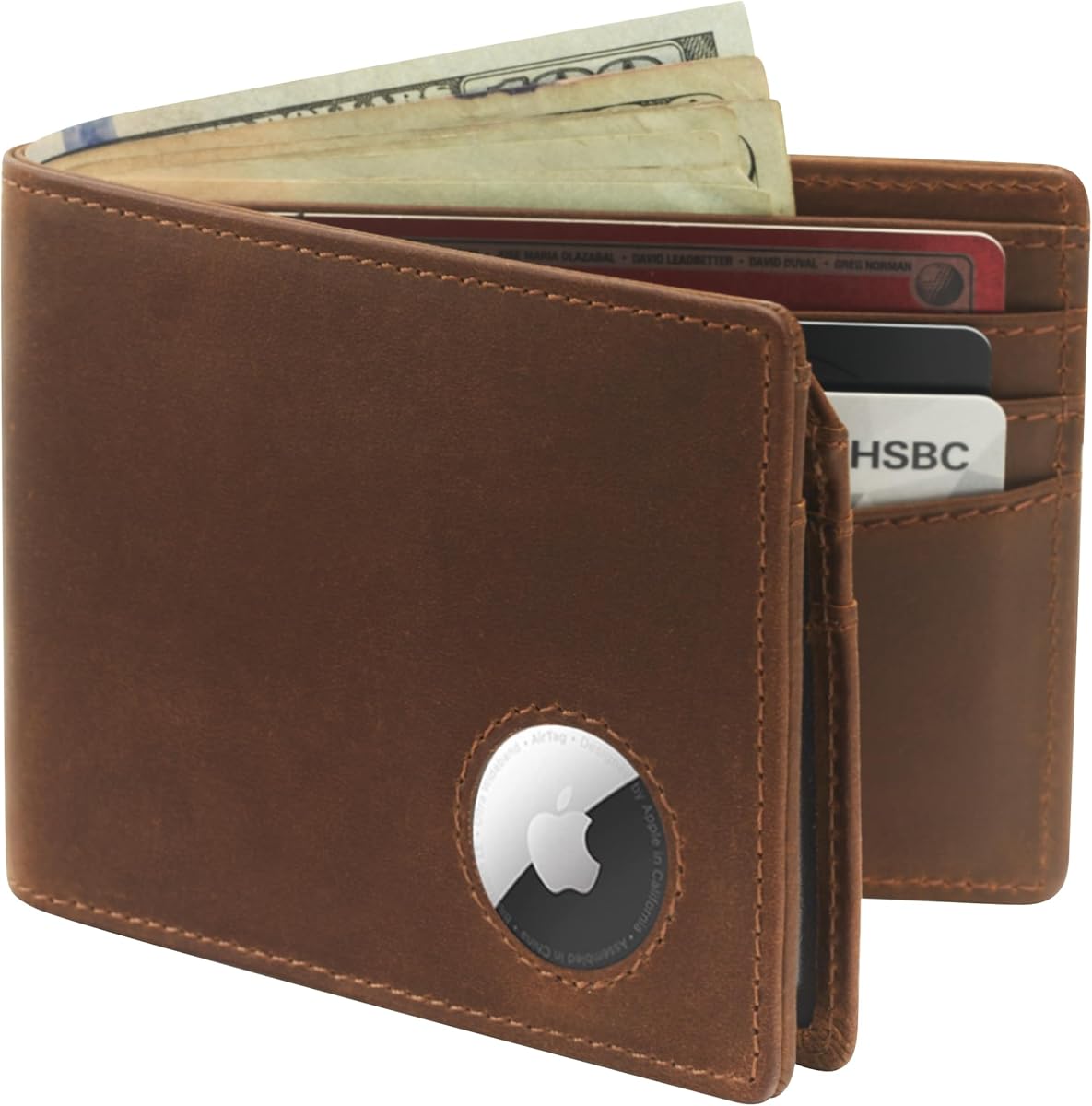 AirTag Wallet for Men – Full Grain Leather Bifold with AirTag Holder, 2 ID Windows, 12 Card Slots, RFID Blocking Slim Wallet, Gift Box (Distress Brown)