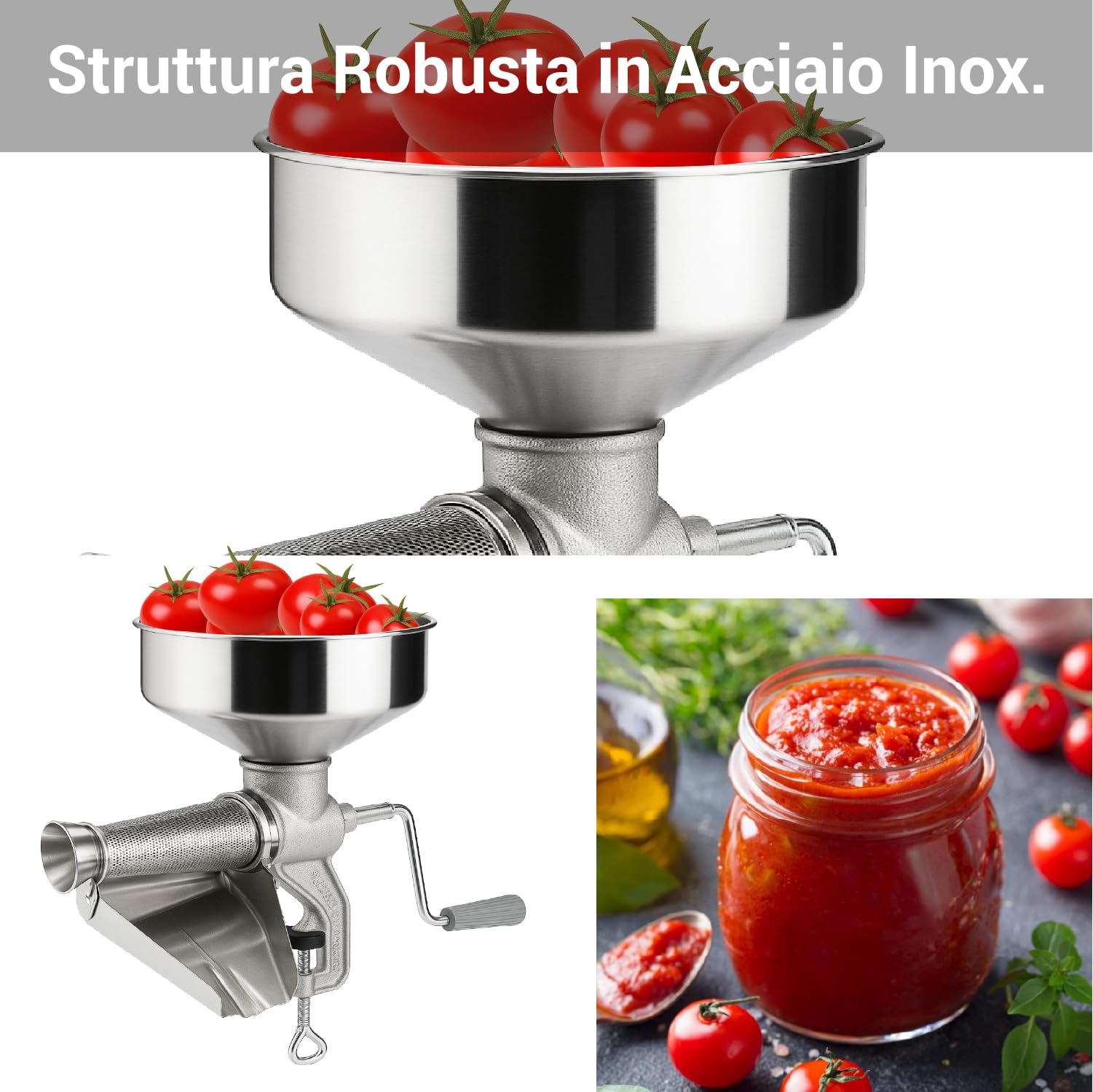 Crisalide® - Passapomodoro a Mano in Ghisa per Uso Alimentare, Elica in Plastica per Prodotti Caldi, Cono Filtro in Lamiera Stagnata, Imbuto e Sgocciolatoio in Acciaio Inox, Morsetto a Vite, 2,5 kg