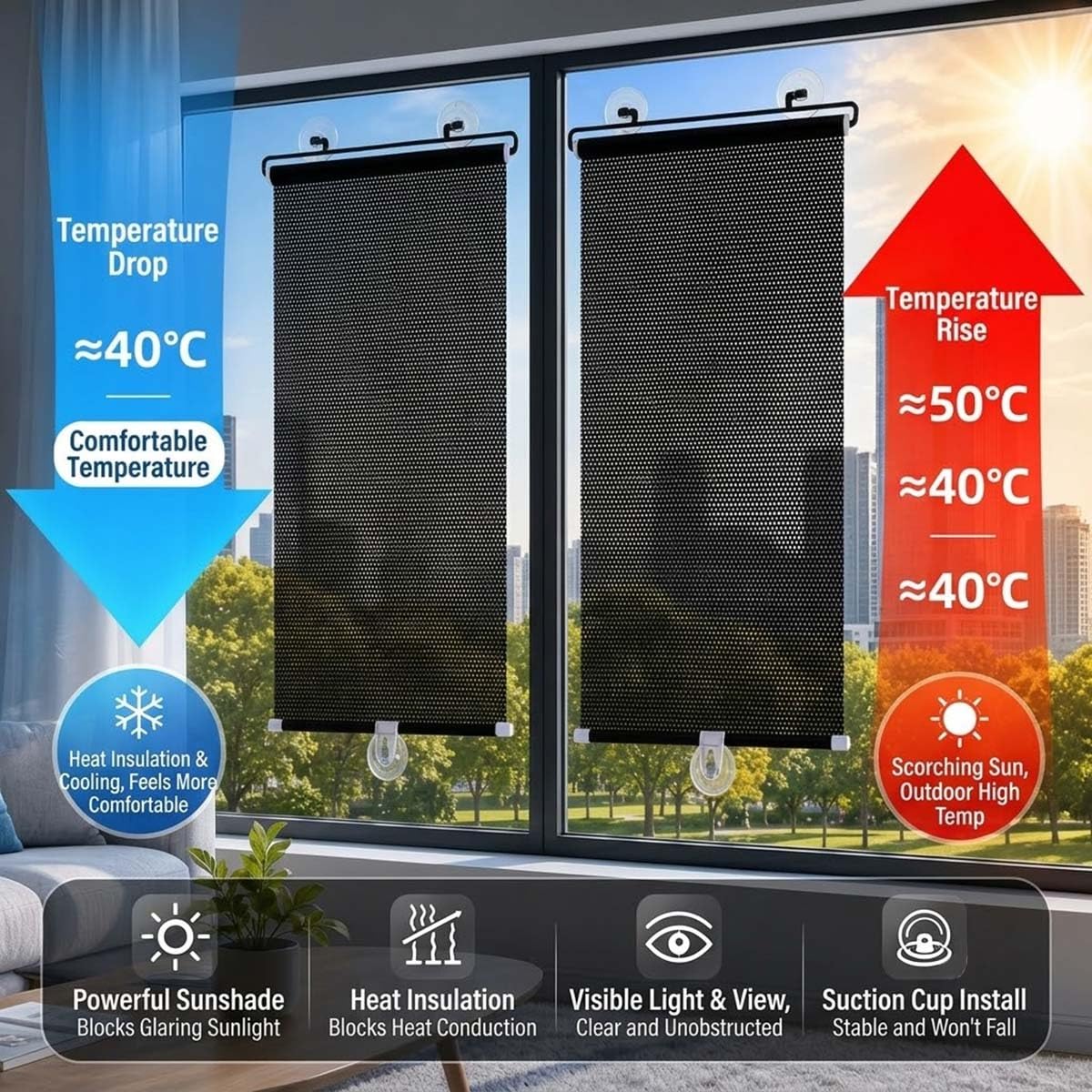 Persianas Opaca con Ventosa Sin Taladrar, Estores Enrollable para Ventanas,Persianas Retráctiles Cortina Proteccion Solar para Oficina,Dormitorio,Sala de Estar(70x170cm)