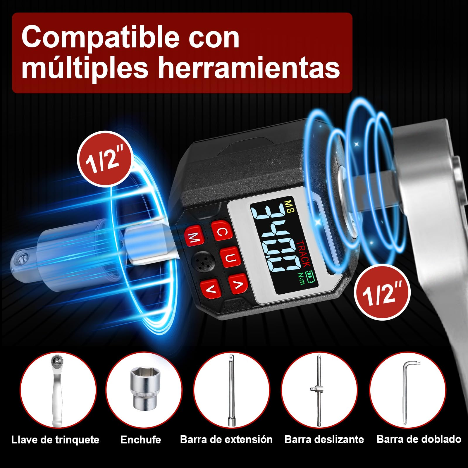 Medidor de Torsión Digital con Adaptador de Torsión de Llave de Pantalla LED de Transmisión de 1/2 Pulgada, Material de CRV, 9 Modos Preestablecidos, Seguimiento en Tiempo Real y (17-340NM)