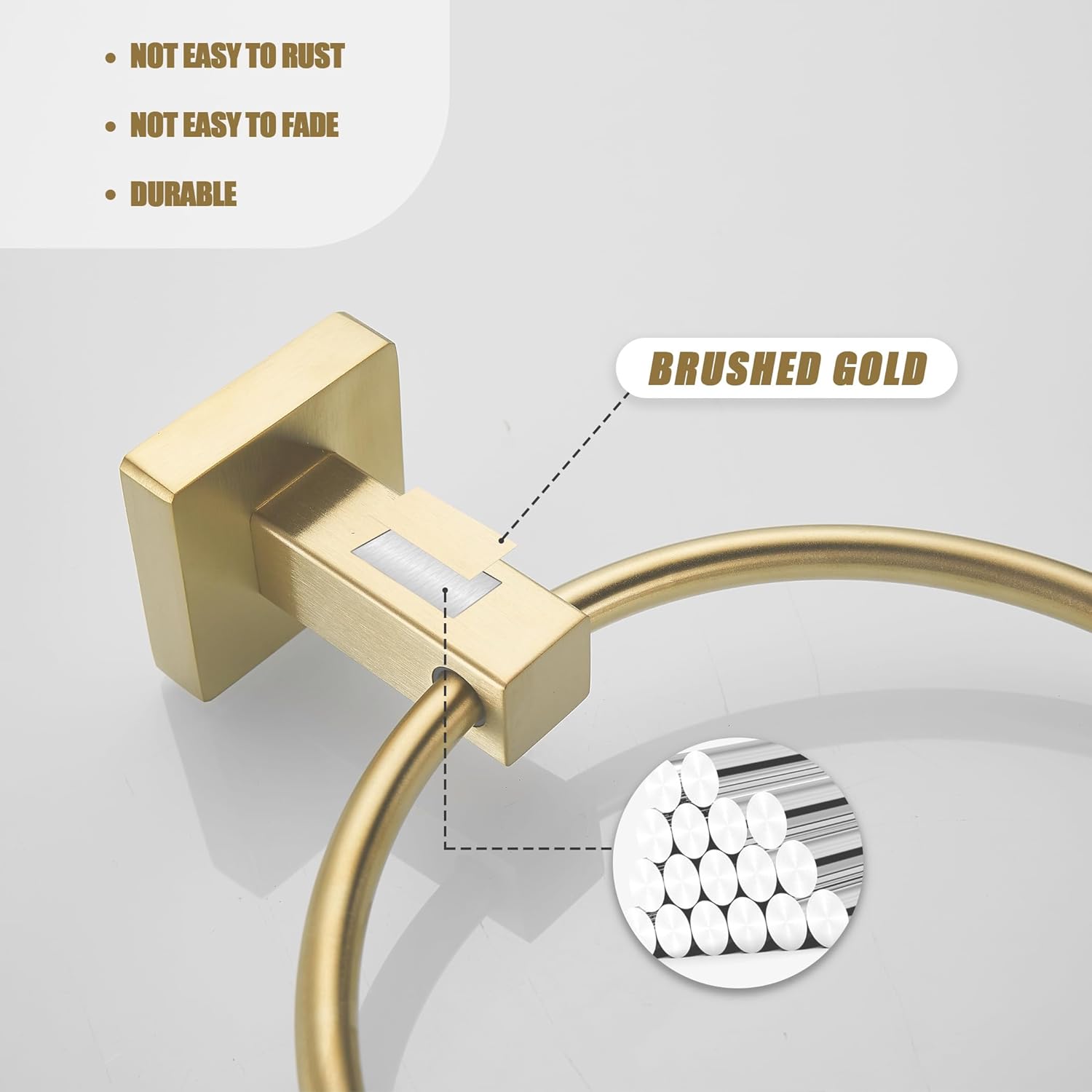 Leyden Brushed Gold Hand Towel Holder, Bathroom Towel Ring, Bath Hand Towel Hangers Wall Mounted Half Round Modern