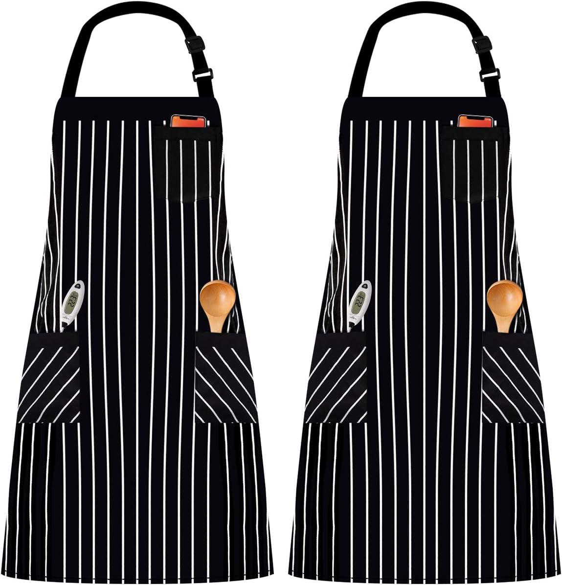 InnoGear 2 Pack Unisex Adjustable Bib Apron with 3 Pockets Cooking Kitchen Chef Women Men Aprons for Home Kitchen, Restaurant, Coffee house (Black, Polyester Yarn Dyed)