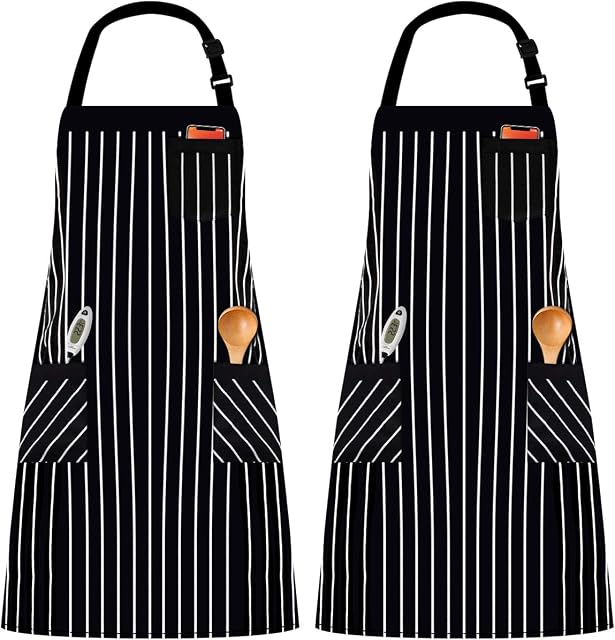 InnoGear 2 Pack Unisex Adjustable Bib Apron with 3 Pockets Cooking Kitchen Chef Women Men Aprons for Home Kitchen, Restaurant, Coffee house (Black, Polyester Yarn Dyed)