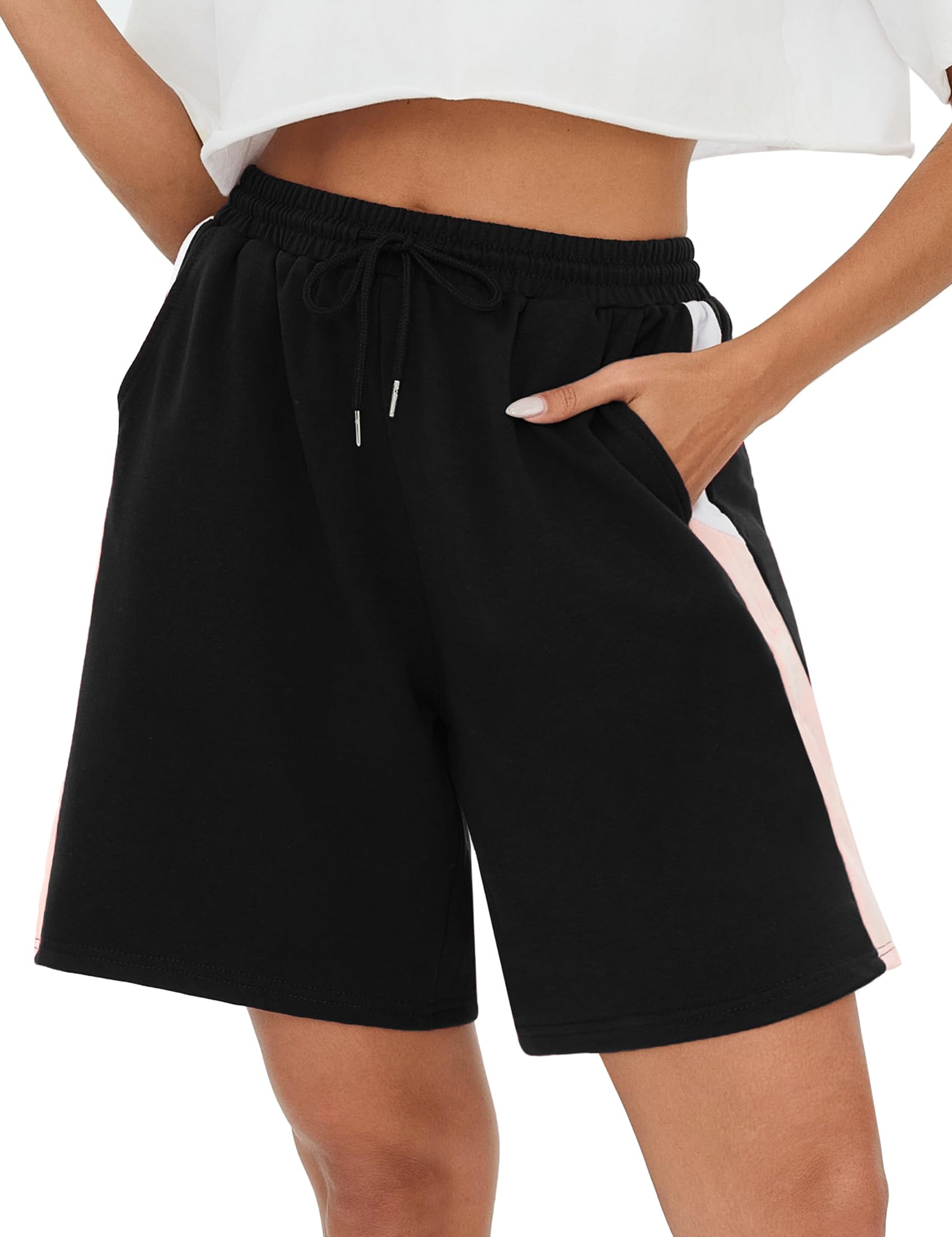 Terecey Sport Shorts Damen Lockere Casual Bermuda Kurze Hosen Weich Streifen Jogginghose High Waist Freizeithose mit Taschen und Kordelzug fur Running Yoga Fitness Lounge Fitnessstudio S-XXL