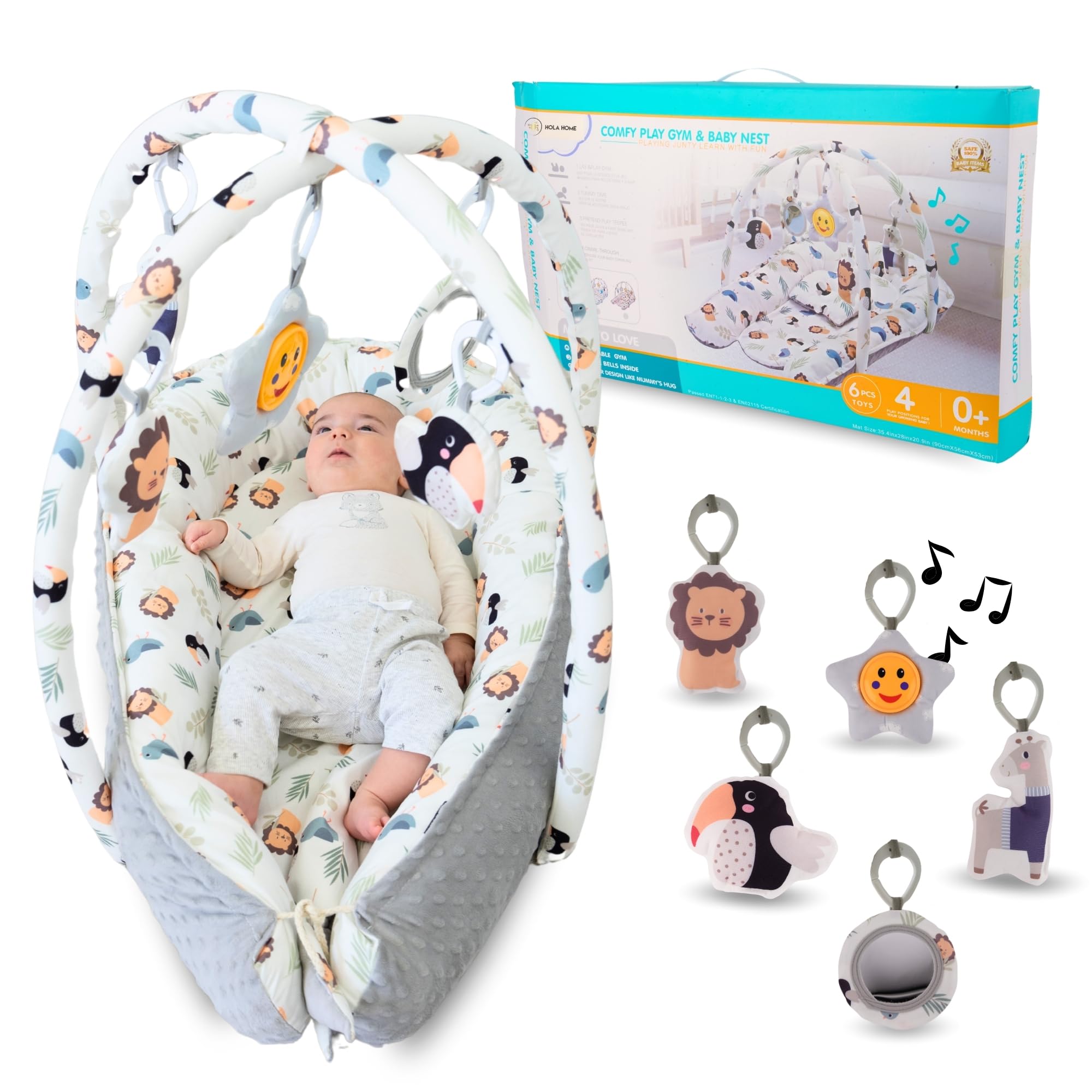 Nido de Bebé Recién Nacido 0-6 Meses - Reductor de Cuna 90cm con Arco de Juegos (5 Piezas Sensoriales) - Nido Colecho de Algodón Transpirable, Desmontable y Lavable