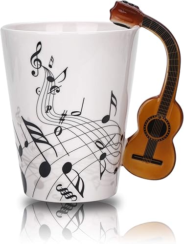 Taza de guitarra de 12.9 onzas, nota musical, té, café, leche, guitarra de cerámica, taza de música, regalos para guitarristas, músicos, regalo para