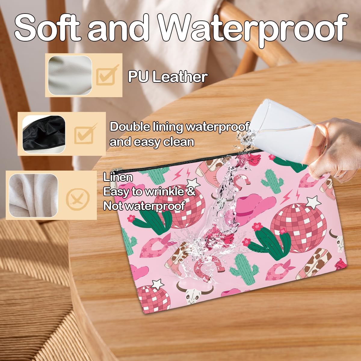 JioJio Chan Cowgirl Makeup Bag, Coquette Pink Disco PU Leather Makeup Cosmetic Bag for Purse, Western Gifts for Women, Western Cowgirl Stuff for Women, Country Girl Gifts Pouch - Image 2