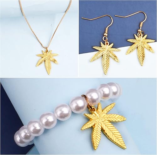 Miniatura 5 de Aylifu 50 dijes de hojas de arce, colgantes de hojas de marihuana, de aleación, para hacer joyas, color dorado