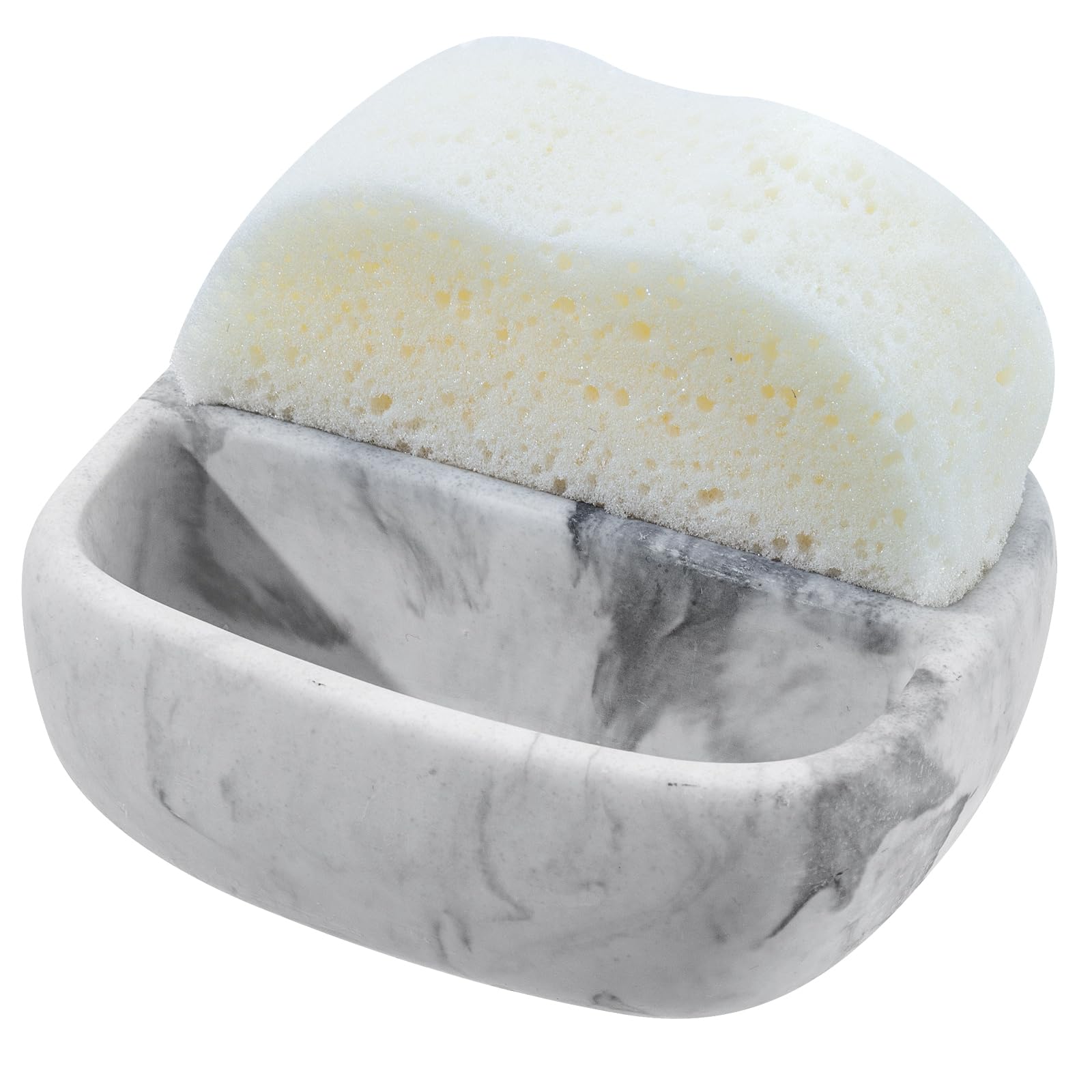 MyGift Modern White Resin Sponge Holder for Kitchen Sink, Countertop Dish Sponge Holder with 2 Compartments and Marble Pattern