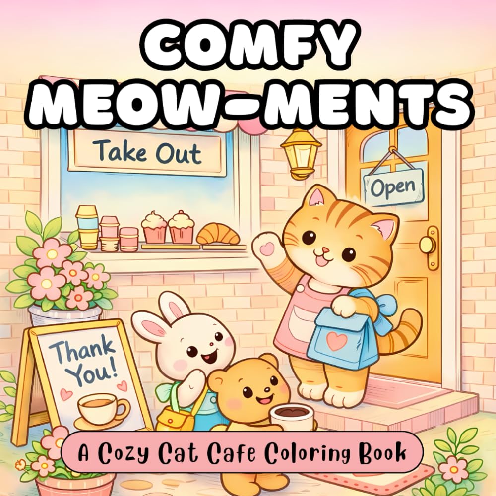 Comfy Meow-ments: A Cozy Cat Cafe Coloring Book for Adults and Teens with Cute and Comfy Hygge Scenes for Stress Relief and Relaxation