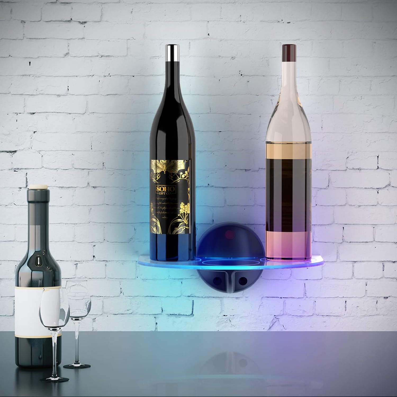 GALVANOX LED Floating Acrylic Liquor Bar Shelf - Wall Mounted Illuminated 3-Bottle Shelf for Home Bar, Gift Idea for Wine Lovers (Color Changing Lights, Cordless/Rechargeable)