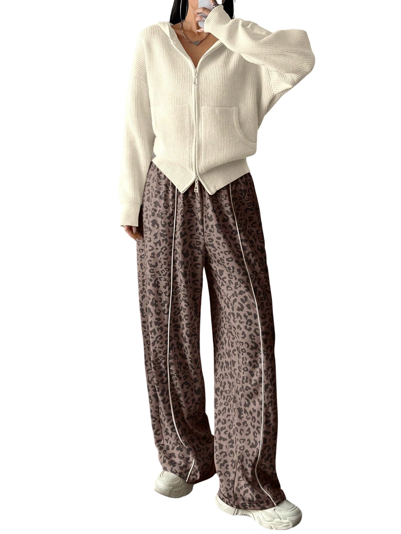 GORGLITTER Damen Leopardmuster Hosen Y2K Weite Hose Freizeithose mit Elastikbund Jogginghose mit Tasche Streetwear Sweatpants Herbst Casualhose