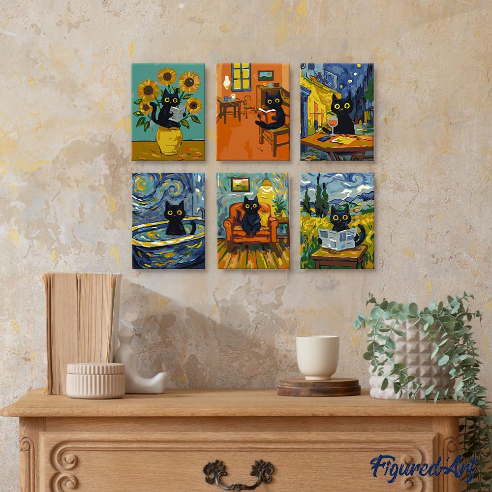 Figured'Art Peinture par Numéros Chat Van Gogh 15x20cm 6 pcs - Avec Cadre