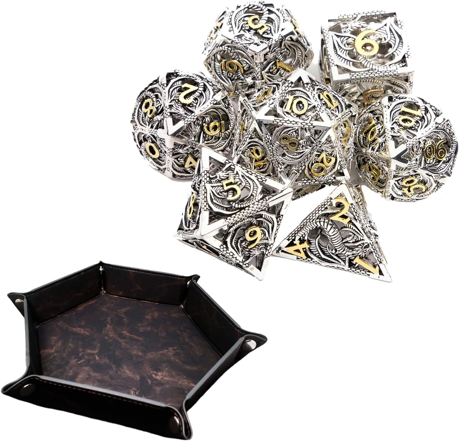 7-Piece White and Gold Dragon Dice, Hollow Polyhedron, Compatible with Role-Playing RPG Board Game Card Game