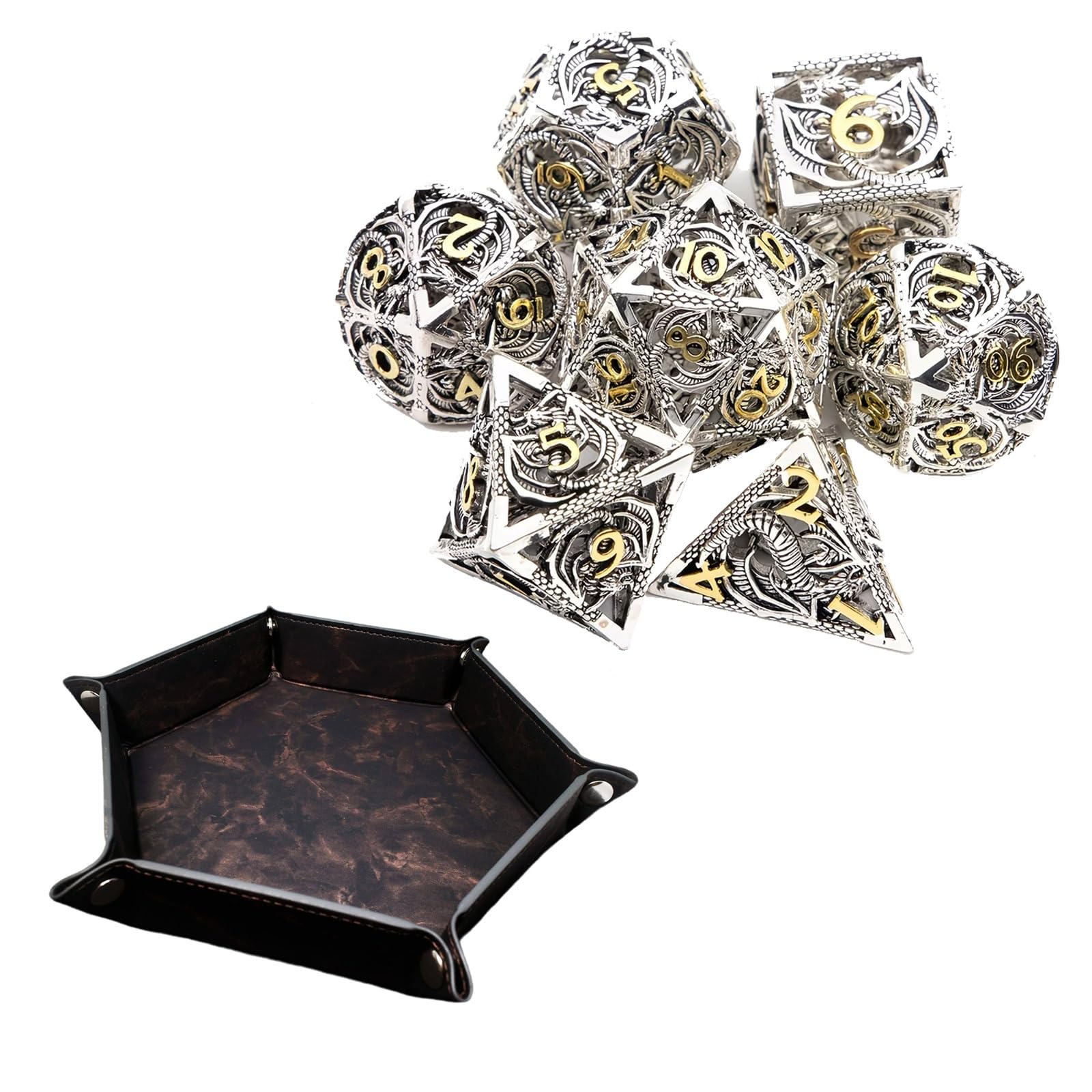 Dés Dragon Blancs et Or (7 Pièces), Polyèdres Creux, Compatibles avec Les Jeux de Rôle, de Plateau et de Cartes