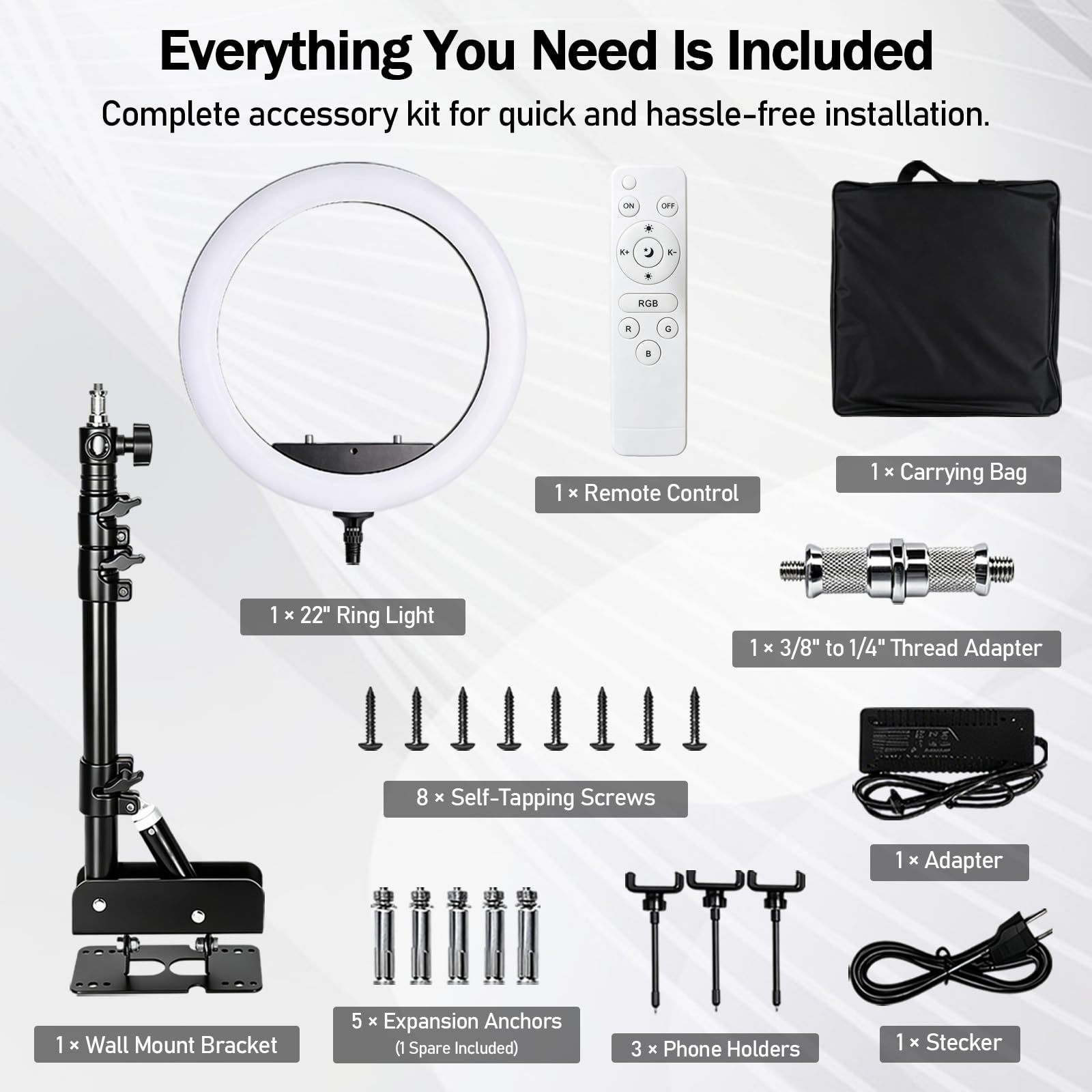 Juego de luz de anillo de 22 pulgadas con soporte de pared, brazo ajustable, incluye mando a distancia, soporte para teléfono móvil, bolsa de transporte, soporte estable de pared y techo para estudio