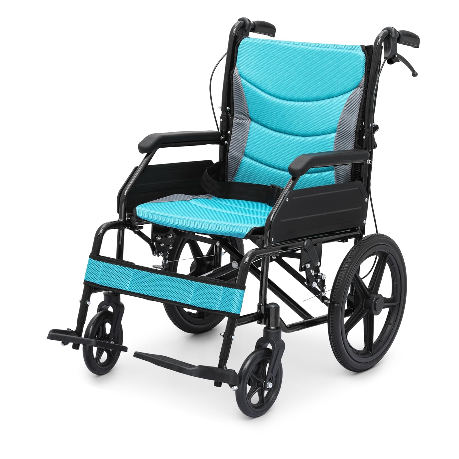 YGNVMCXJG Portable Lightweight Folding Wheelchair for Adults and Seniors, Comfortable Transport Chair with Armrests, Elevating Footrest, Seatbelt, Handbrake, Supports 250lbs, Black