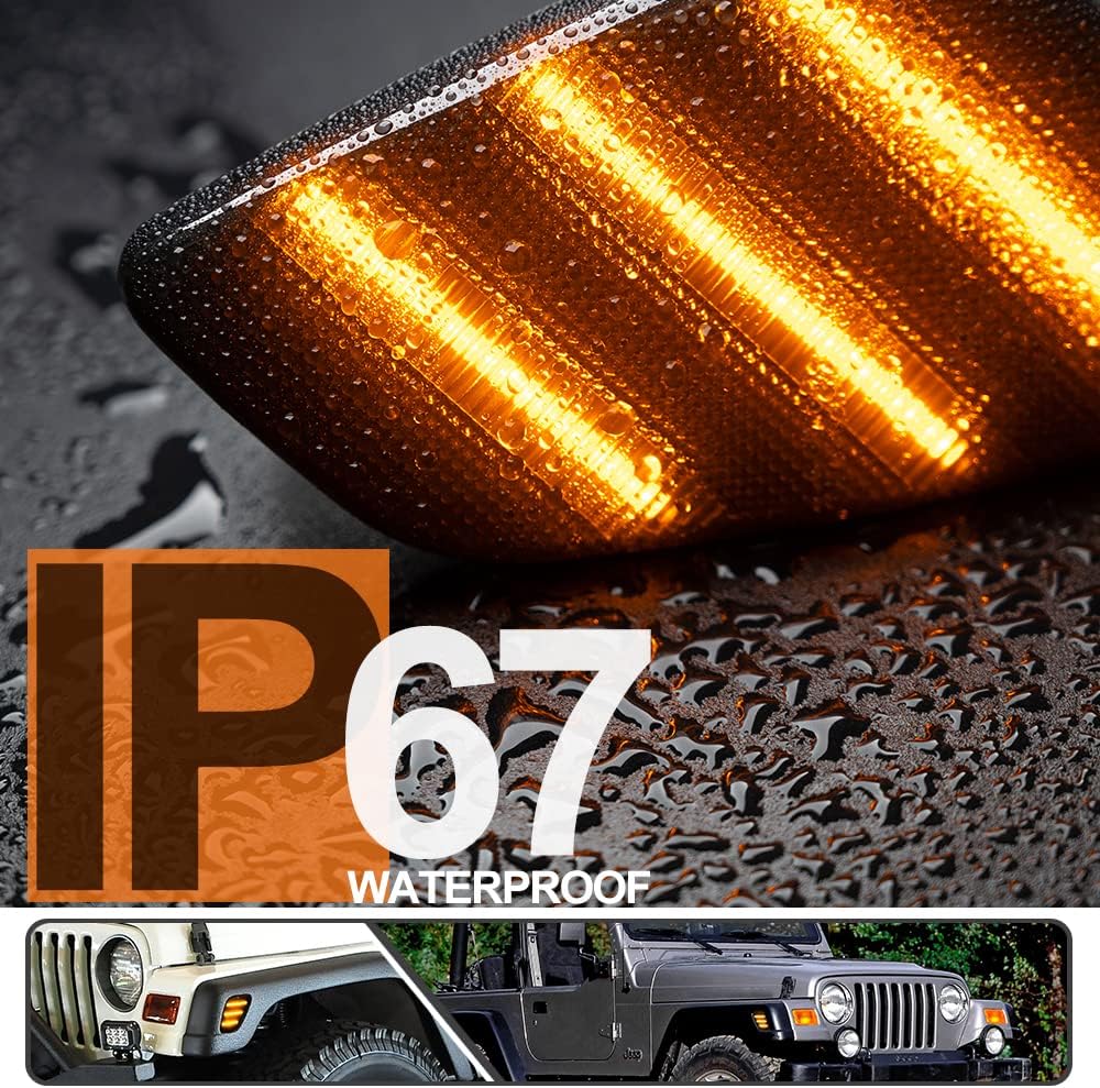 2Pcs LED Amber Side Marker Lights for J'eep Wrangler TJ 1997-2006 Front Turn Signal Light Replace OEM Sidemarker Lamp Smoked Lens