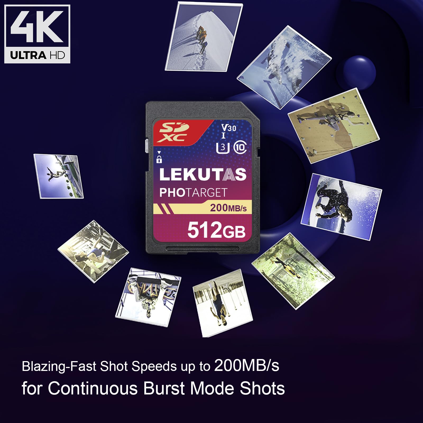 Scheda di memoria SDXC UHS-I da 512 GB, velocità di lettura fino a 200 MB/s, C10, U3, V30, 4K UHD, scheda SD video Full HD 4K per Canon Nikon Sony Panasonic DSLR, fotocamere mirrorless