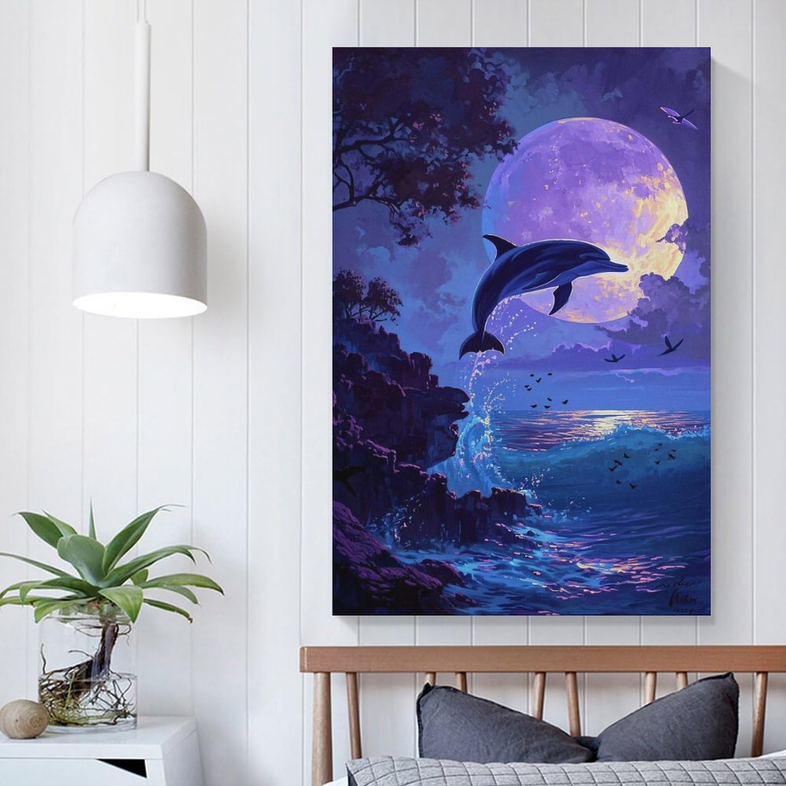 Amazon.co.jp: 絵画 夜の海から飛び出すイルカインテリア 絵画 美しい