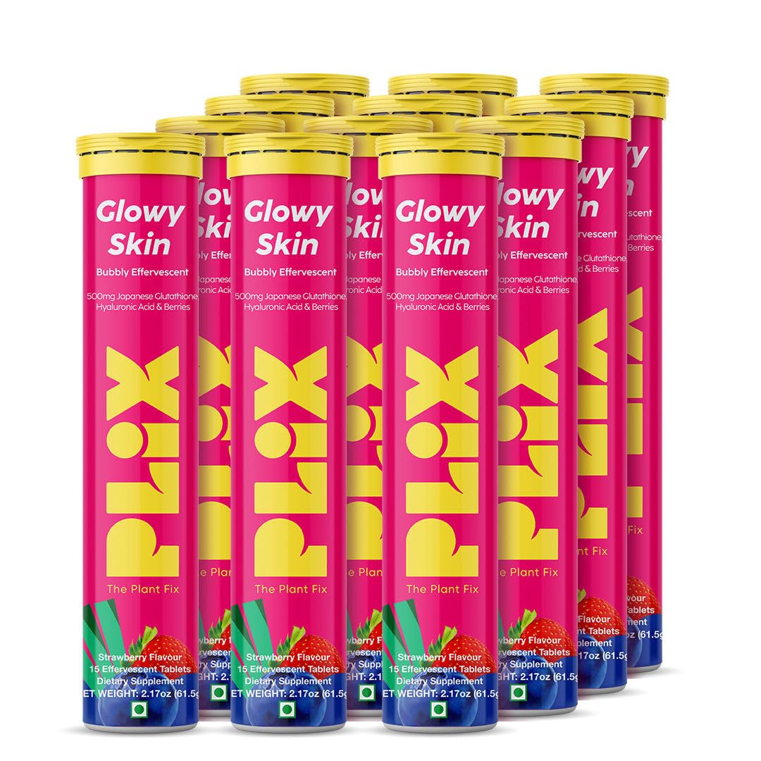 PLIX Glowy Skin 500mg Glutathione Supplement with Hyaluronic Acid, Vitamin C, E & Berries | 90 Effervescent Tablets, Strawberry Flavor