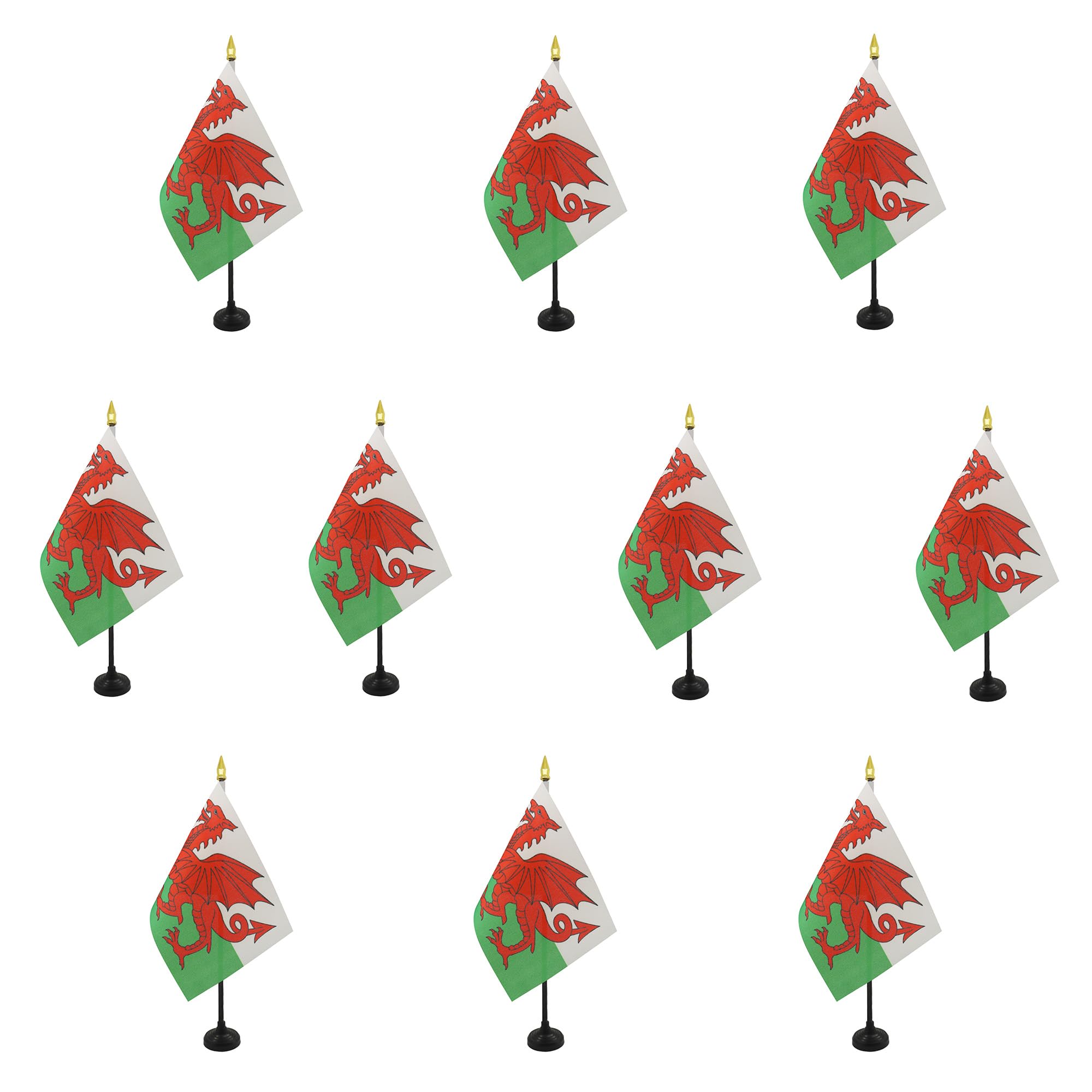 AZ FLAG - Set of 10 Wales Table Flag 4'' x 6'' - 10 Small Welsh Mini Desk Flags 100% Polyester 15 x 10 cm - Office Flag with 10'' Pole - Golden Spear