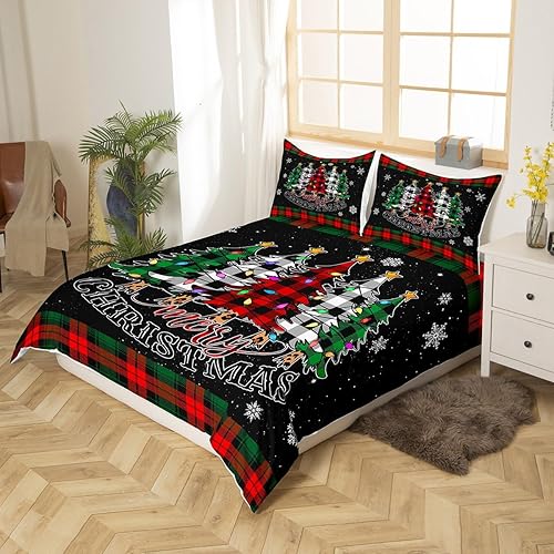 Miniatura 3 de Juego de funda de edredón para niños de Feliz Navidad, tamaño King, juego de ropa de cama con estampado a cuadros rojos, negros y verdes, 3 piezas,