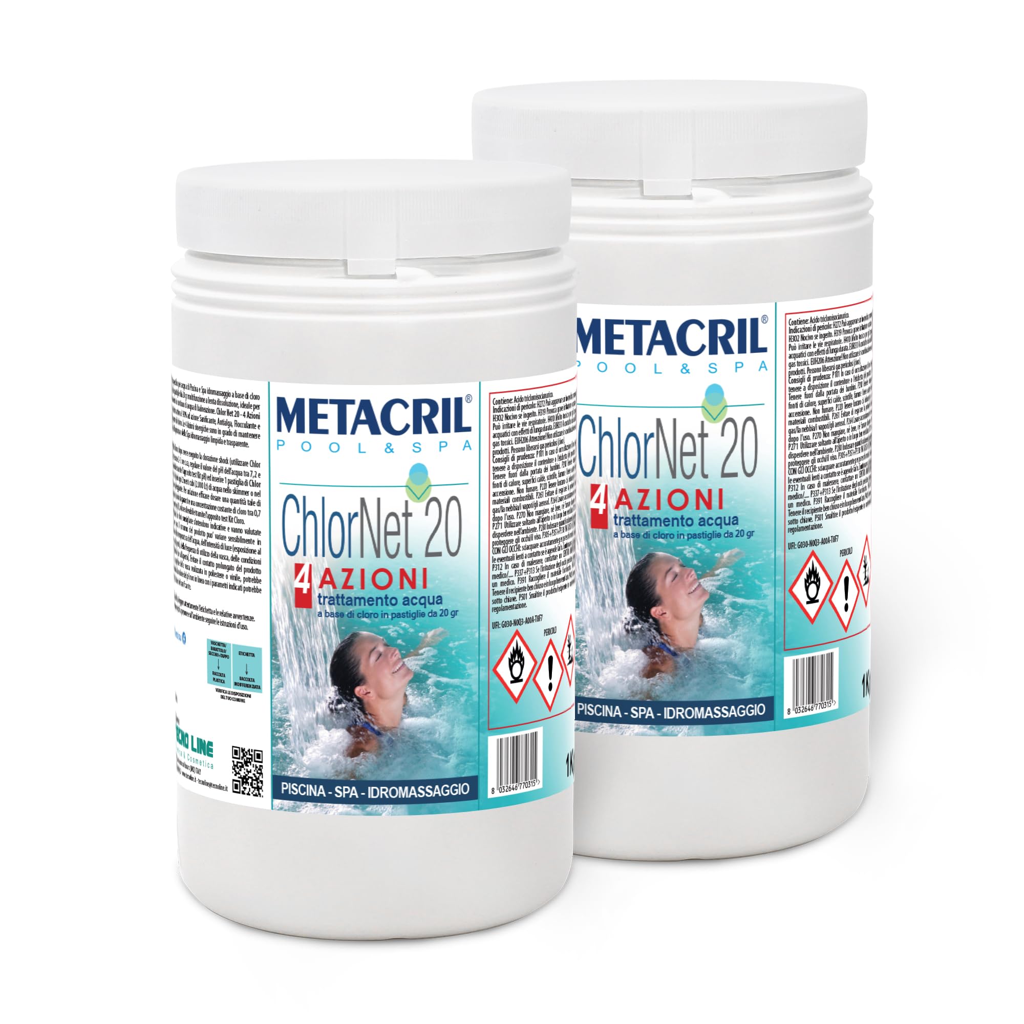 Metacril Chlor Net 20 4 Acciones 2 kg (1 + 1) - Cloro multiacción, en tabletas de 20 g, para Piscinas y bañeras de hidromasaje