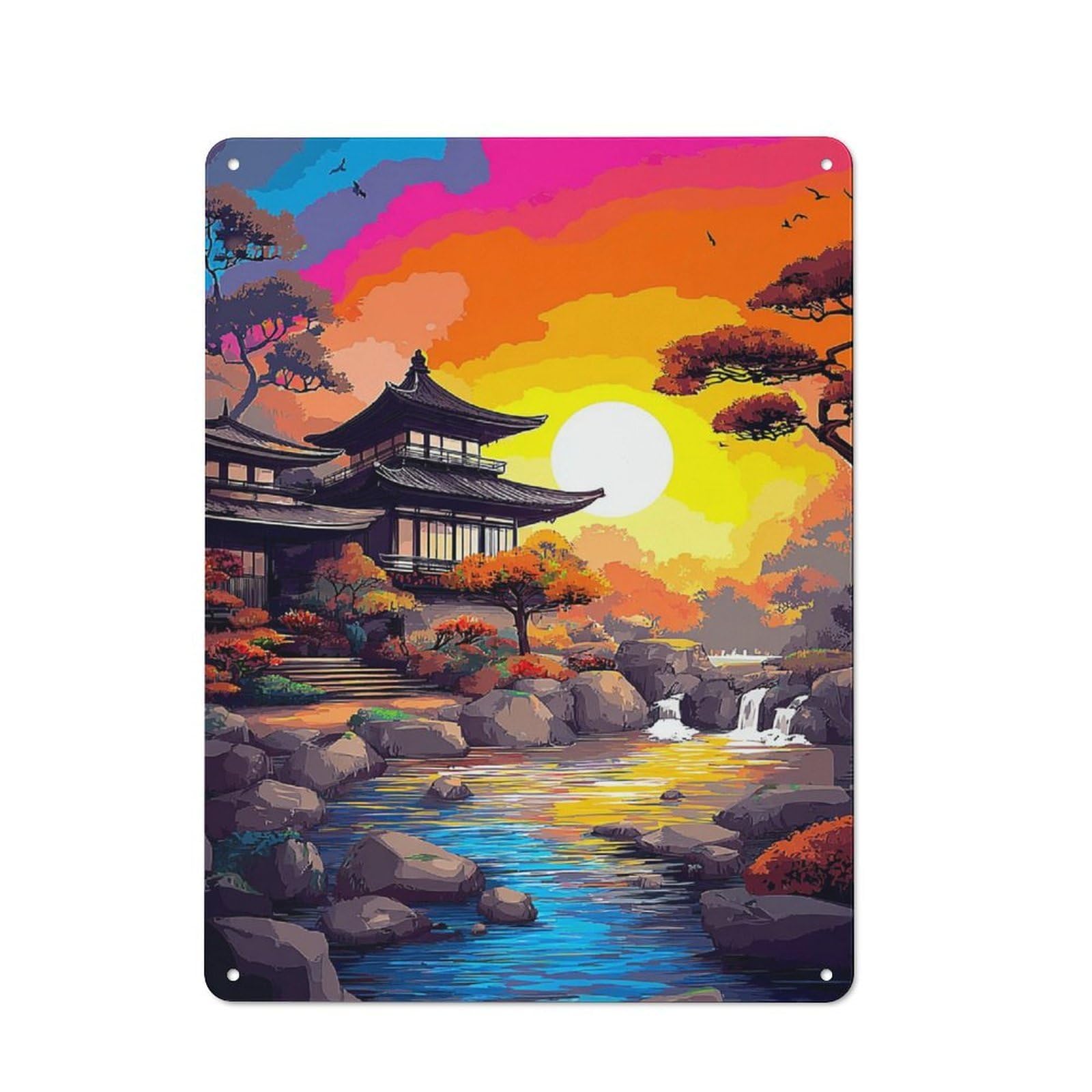 Junmoney Japanese Garden Sunset Serenity Modern Retro Metal Wall Decor 40X30cm, Metal Wall Sign For Loft, Studio, Office Or Creative Room